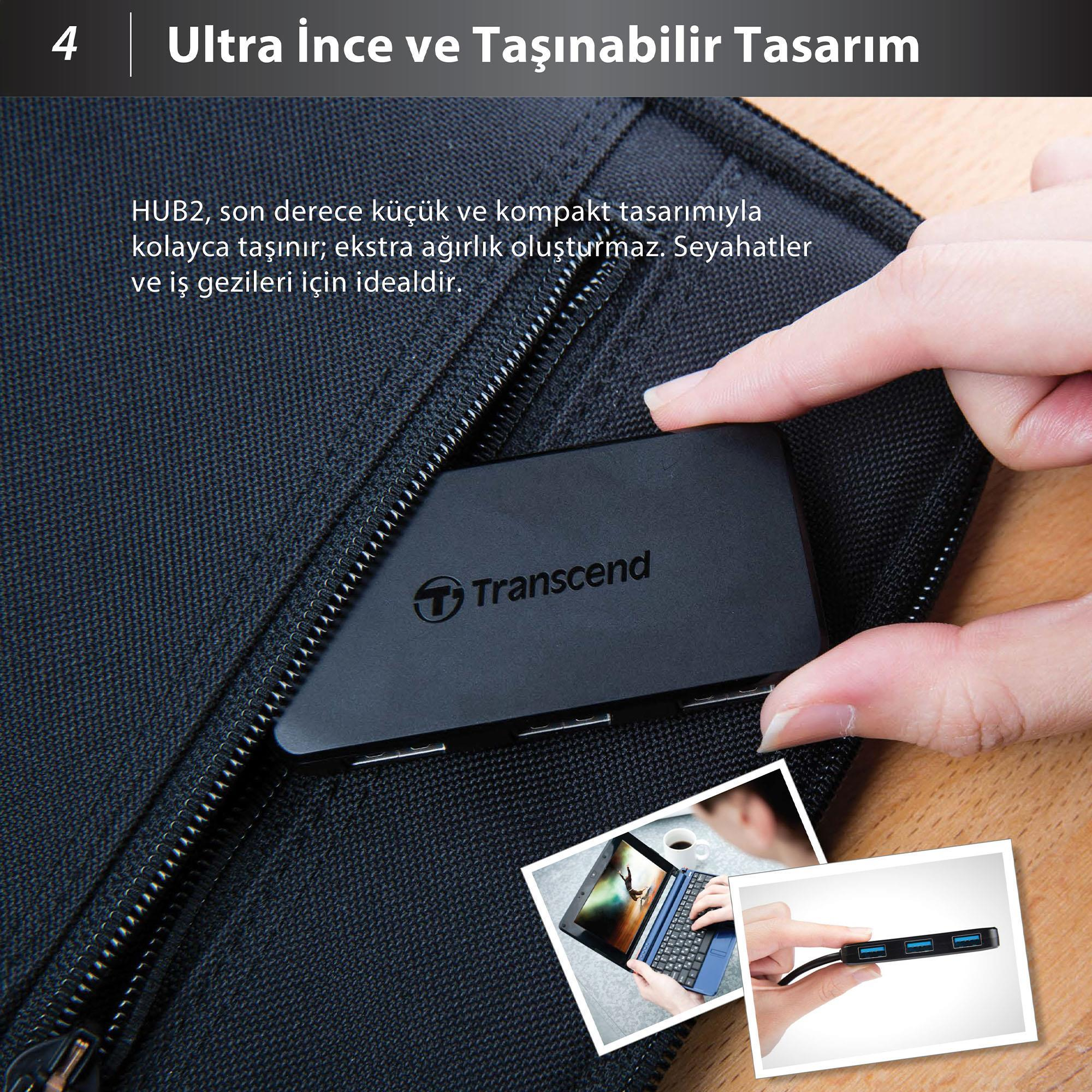 Üç portlu siyah bir USB hub çantaya yerleştiriliyor.