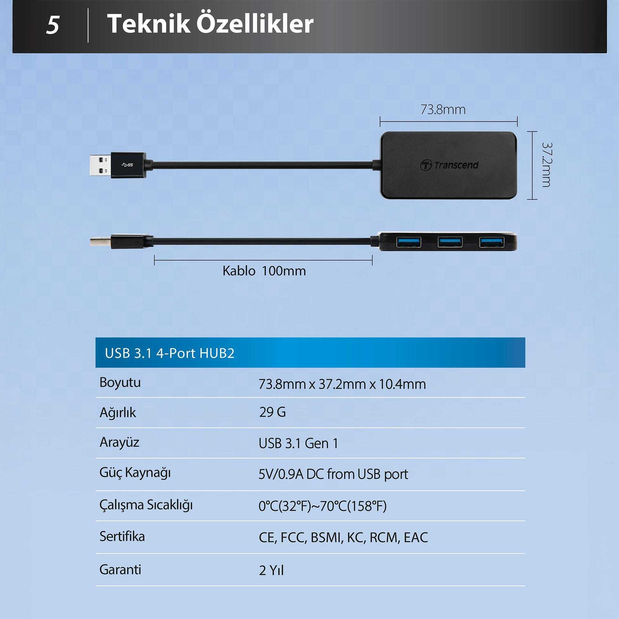 Transcend logolu siyah USB 3.1 4-portlu hub ve boyutları.