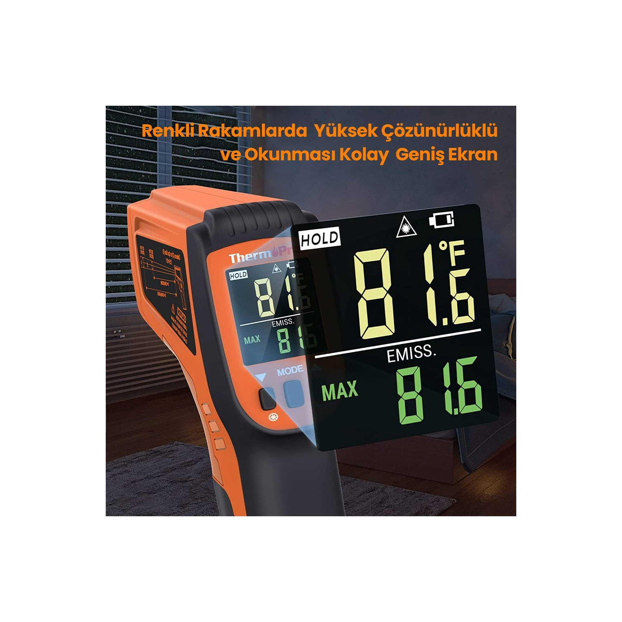 Turuncu bir termometre, geniş ve aydınlatılmış ekranda 81.6°F gösteriyor.