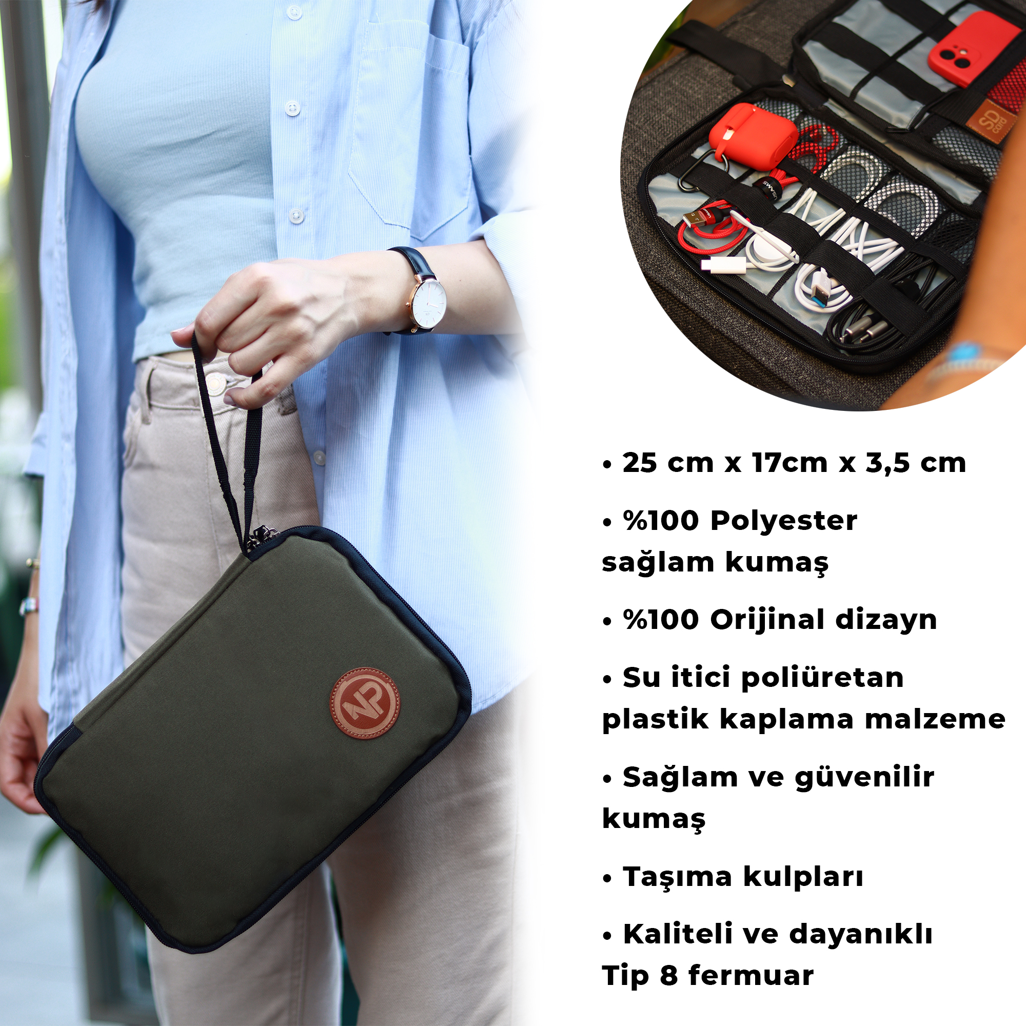 Kablolarla ve kırmızı AirPods kılıfıyla dolu yeşil çantayı tutan kişi.