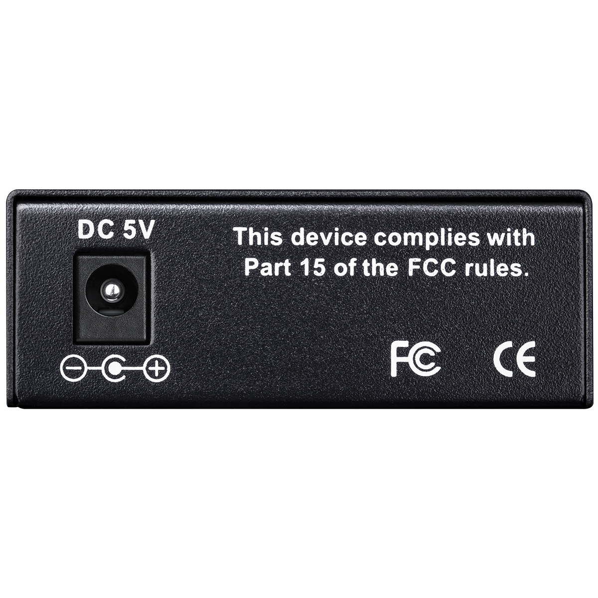 5V DC girişli, FCC uyumlu ve CE işaretli siyah kasa.