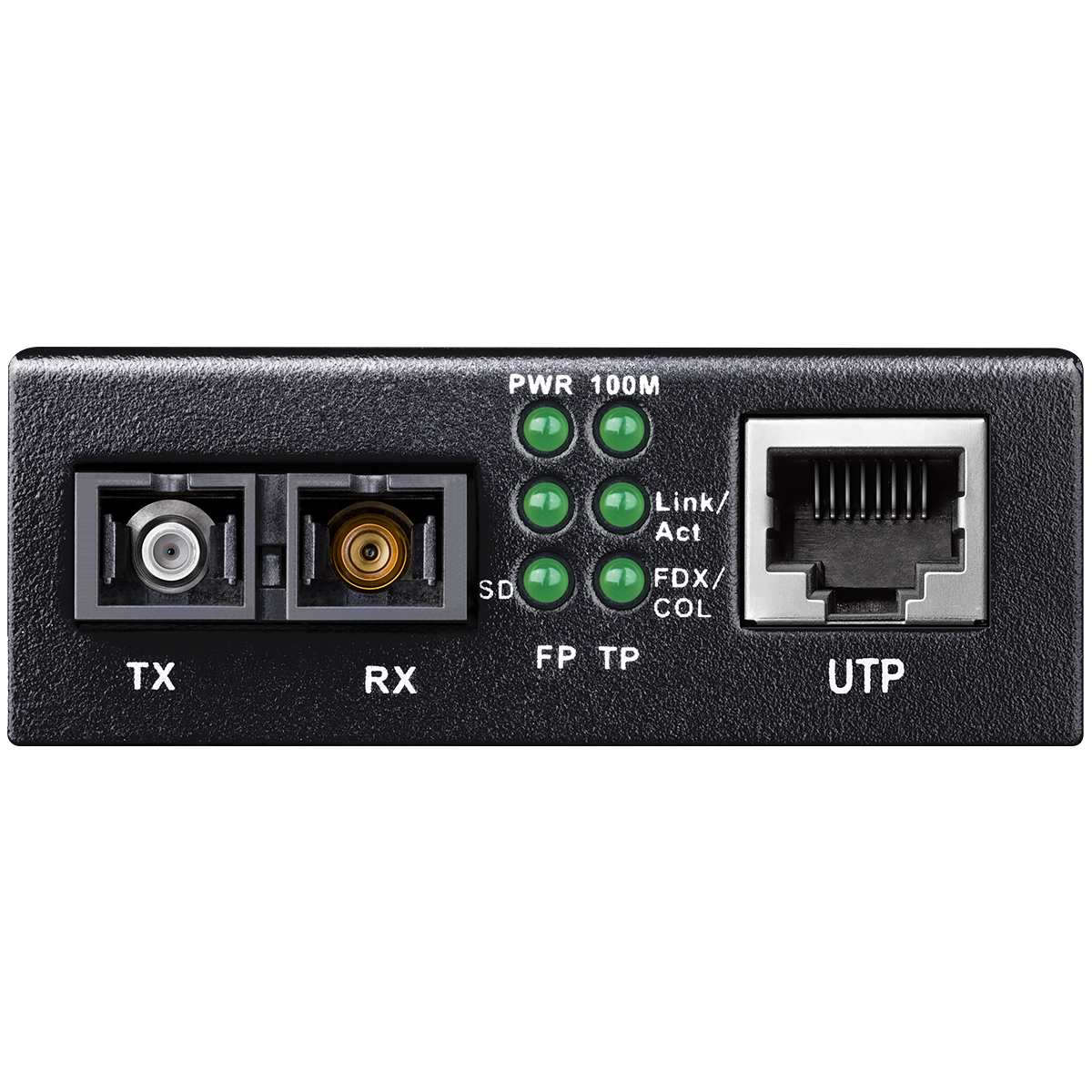 TX/RX fiber portları, durum LED'leri ve UTP Ethernet portu bulunan ağ dönüştürücü.