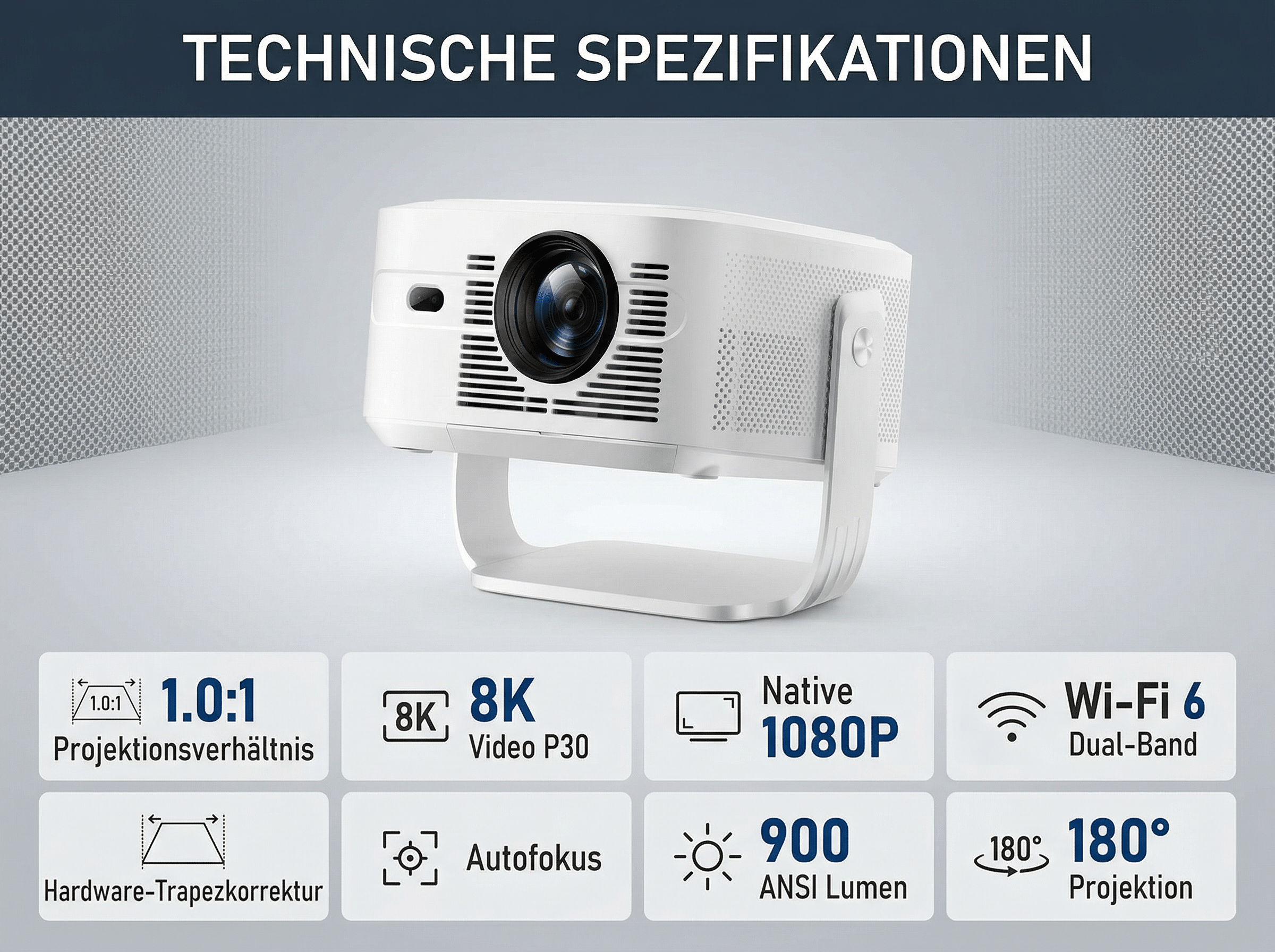 Ein weißer Projektor mit technischen Spezifikationen wie 1080p, 900 ANSI Lumen.