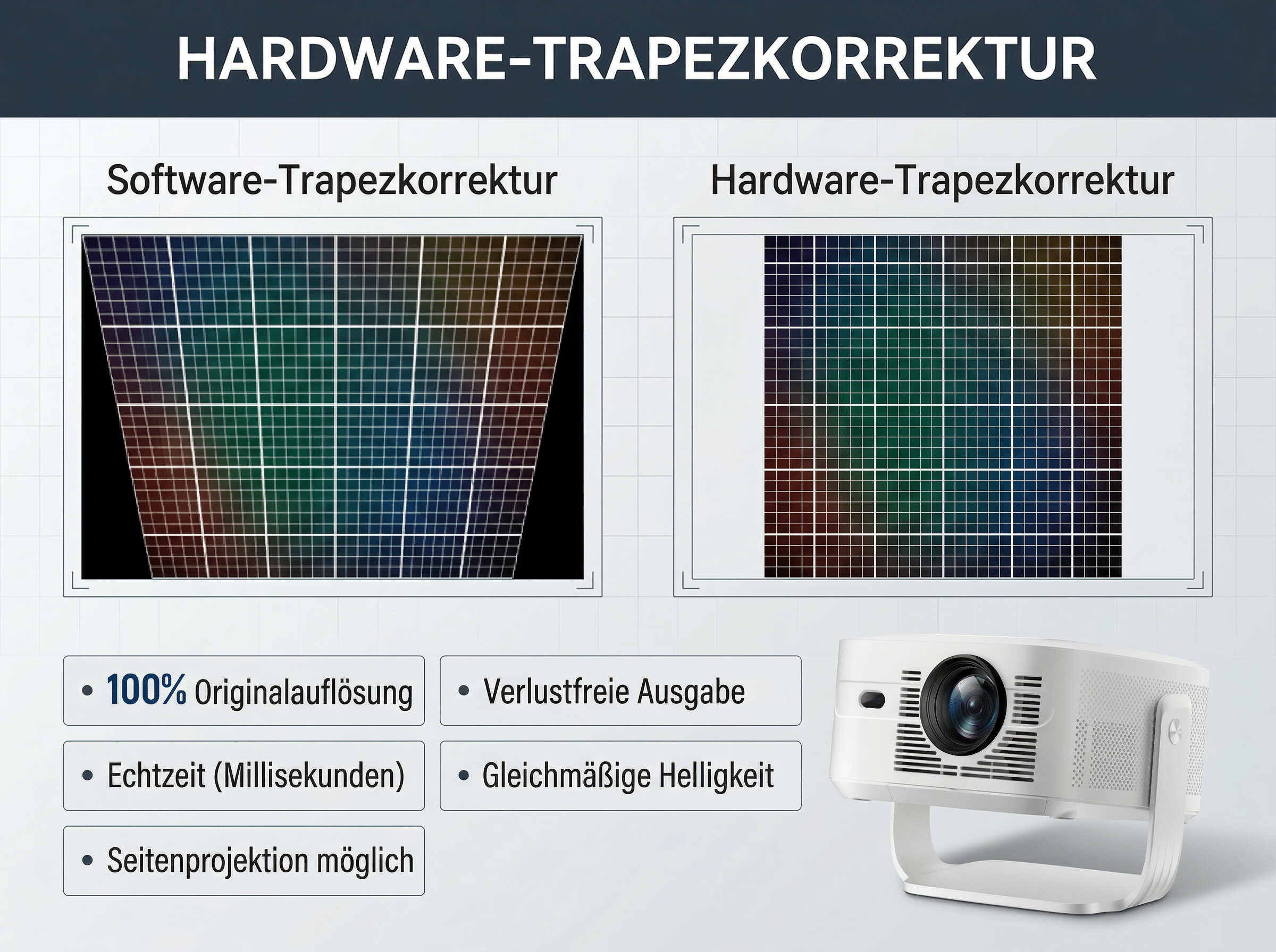 Vergleich von Software- und Hardware-Trapezkorrektur mit Projektor.
