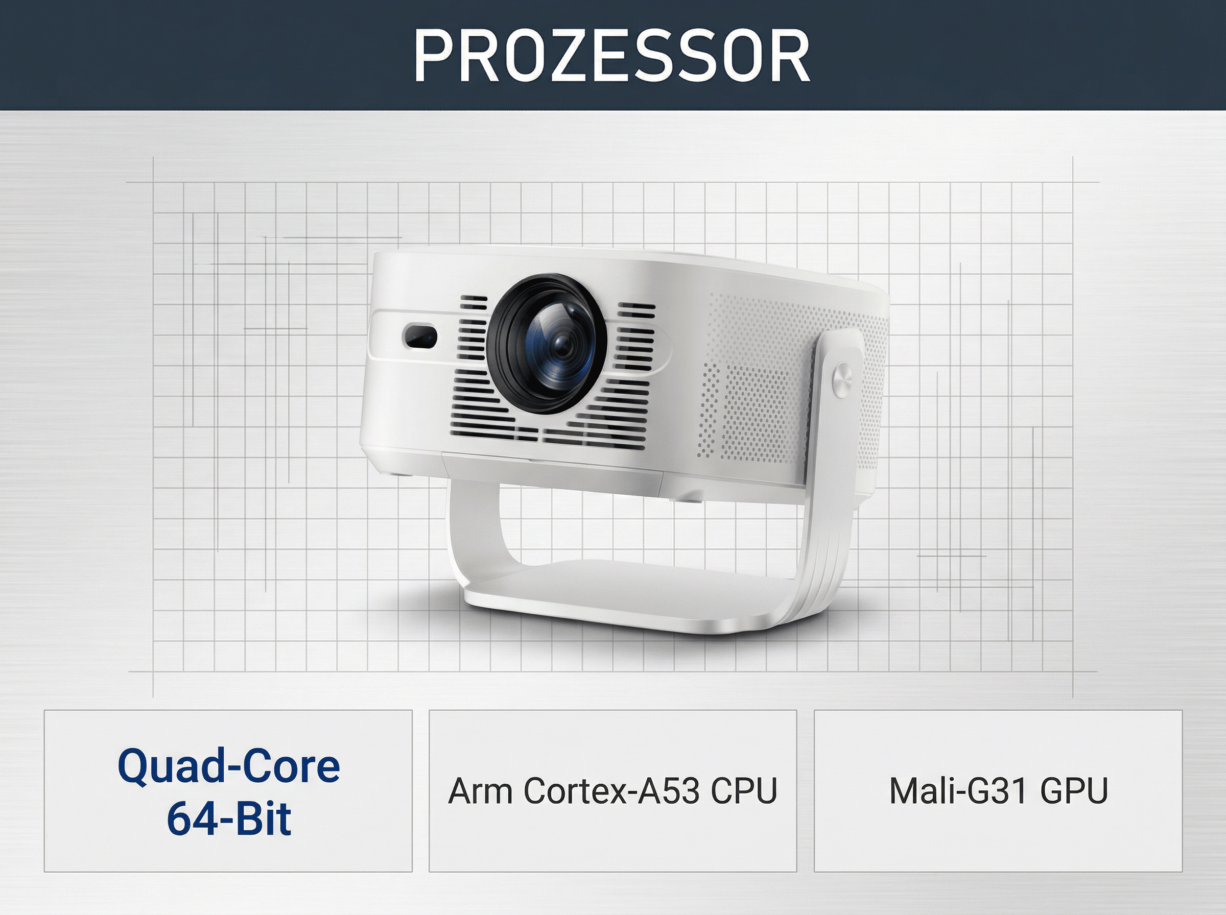 Ein weißer Projektor mit Quad-Core 64-Bit Prozessor.