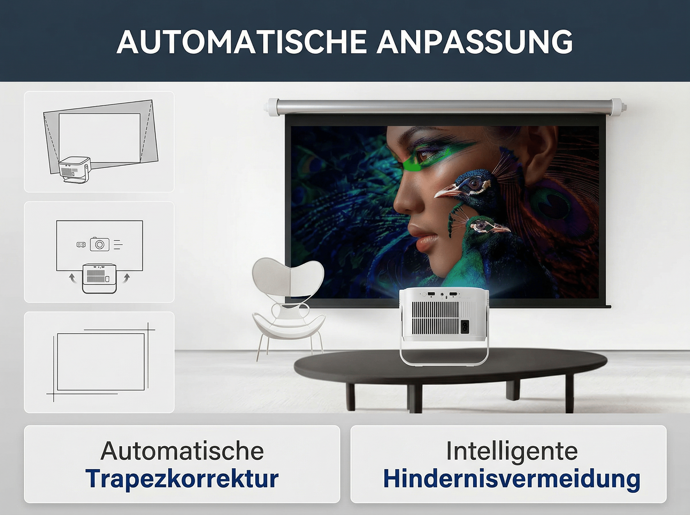 Moderner Projektor mit Bild von Frau und Pfauen auf Leinwand.