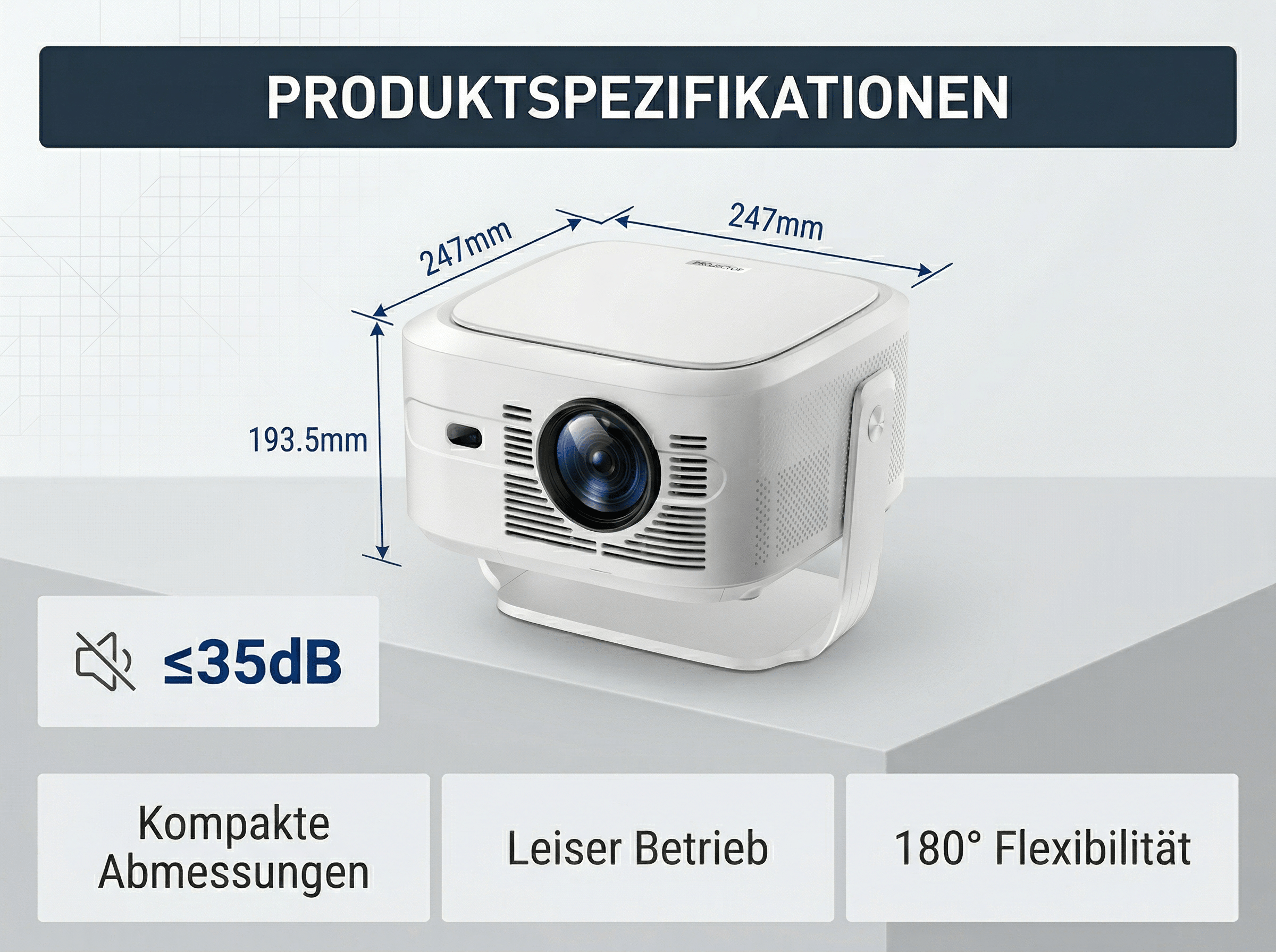 Ein weißer Projektor mit Maßen 247x247x193,5mm und weniger als 35dB Lärm.