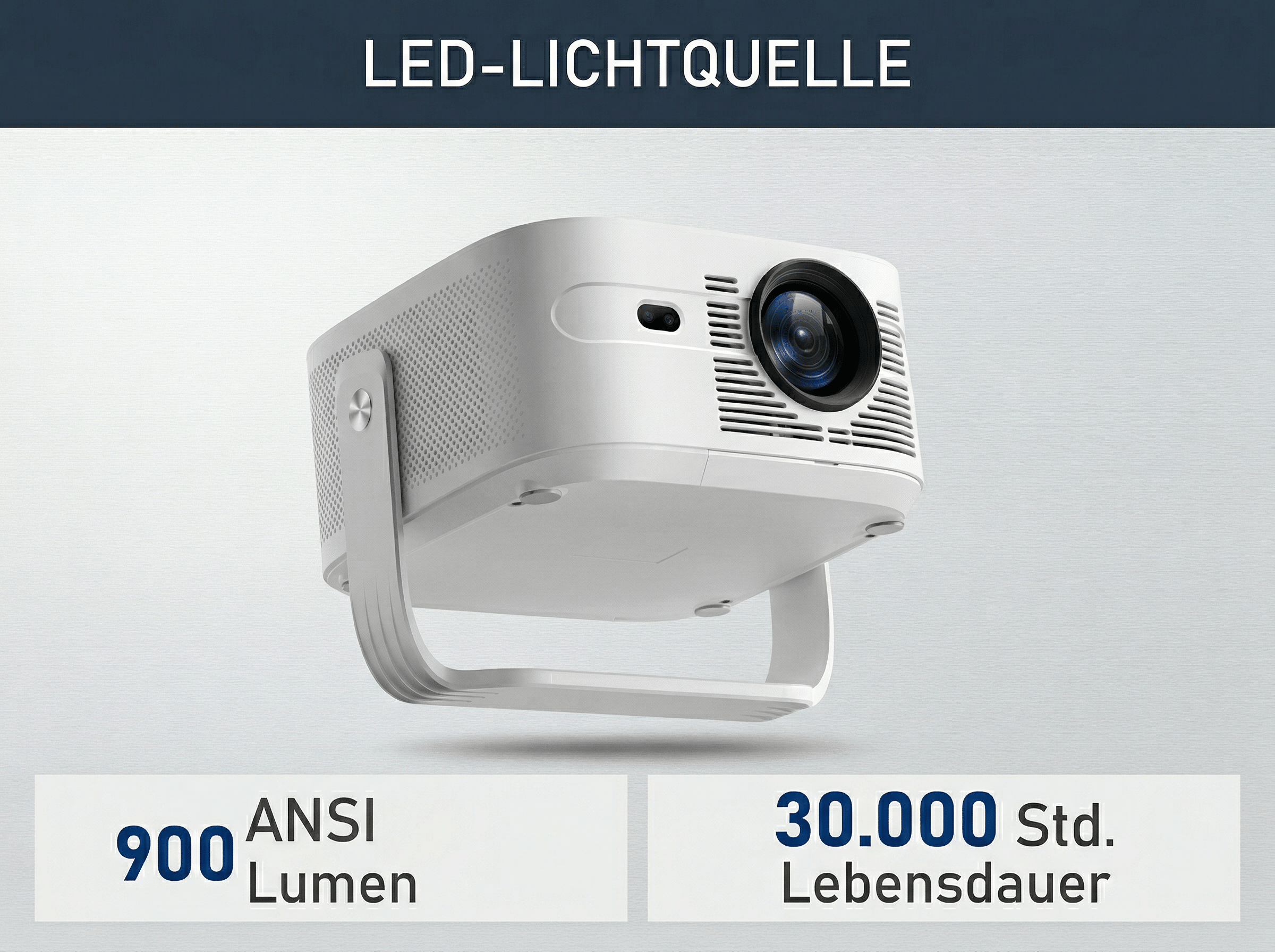 Ein weißer Projektor mit Linse und Lüftungsschlitzen steht auf einem Ständer.