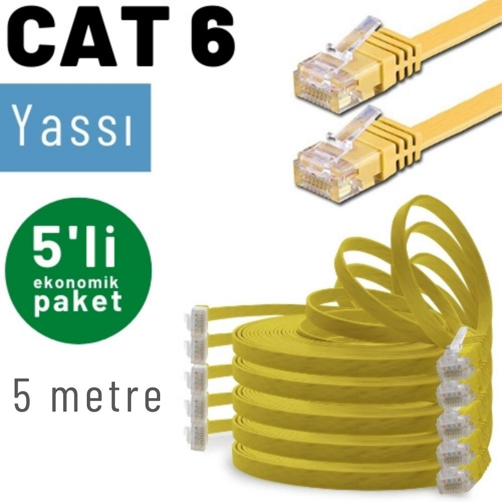 Düz Cat 6 ağ kabloları, 5 metre, 5'li paket.