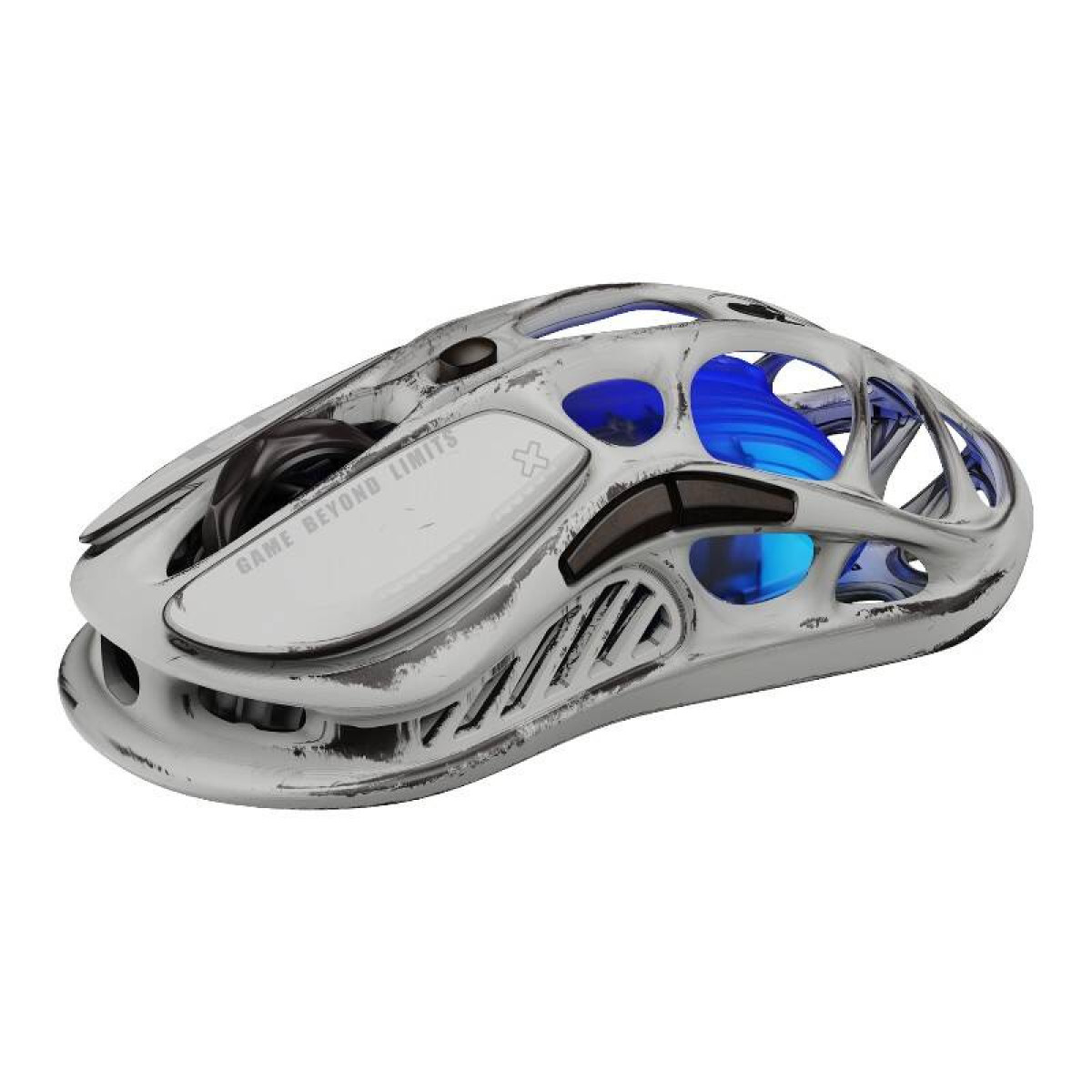 Futurystyczna biała mysz gamingowa z niebieskimi świecącymi akcentami.