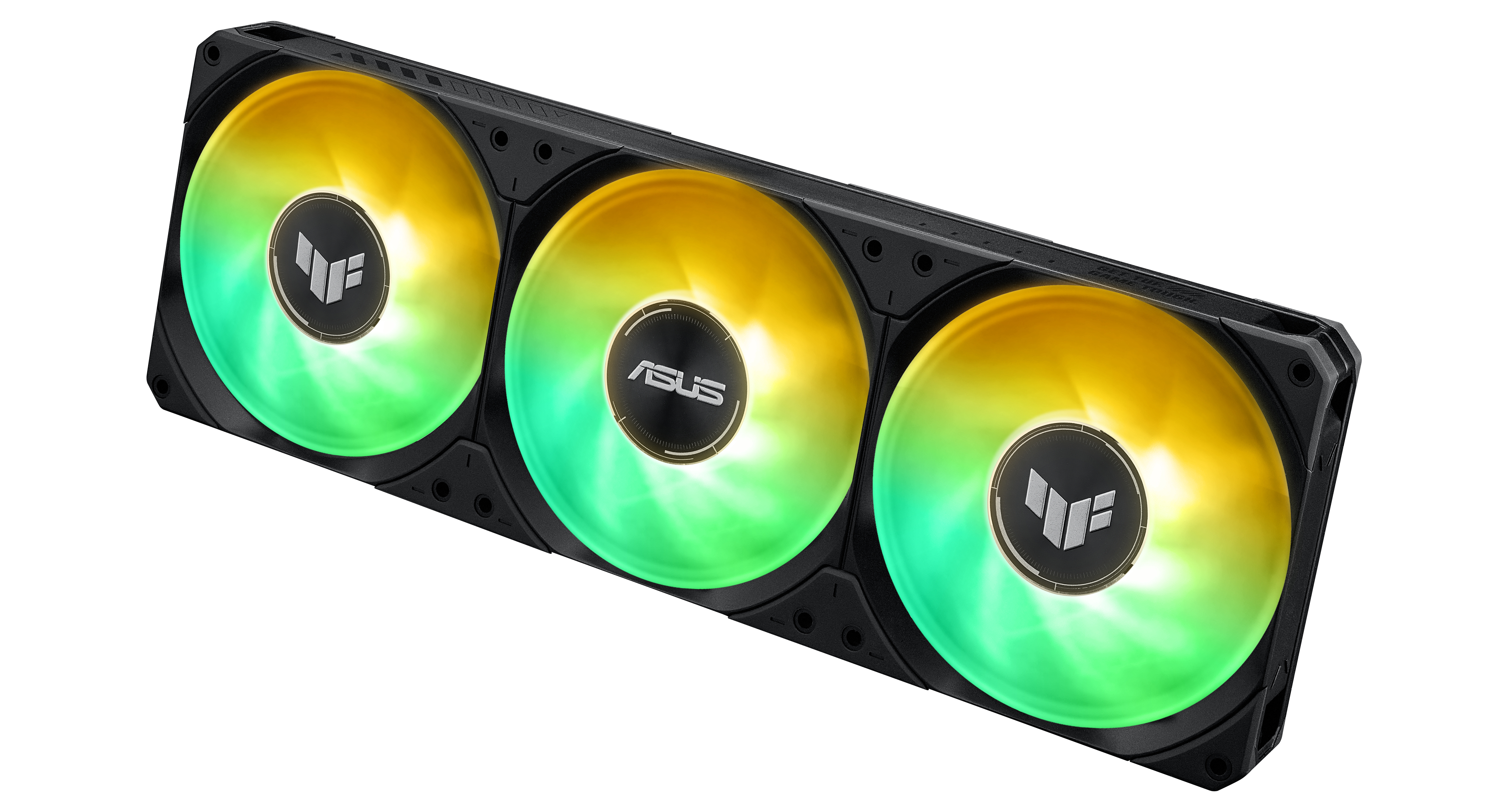 Czarny wentylator komputerowy z trzema podświetlanymi łopatkami w odcieniach żółci i zieleni.