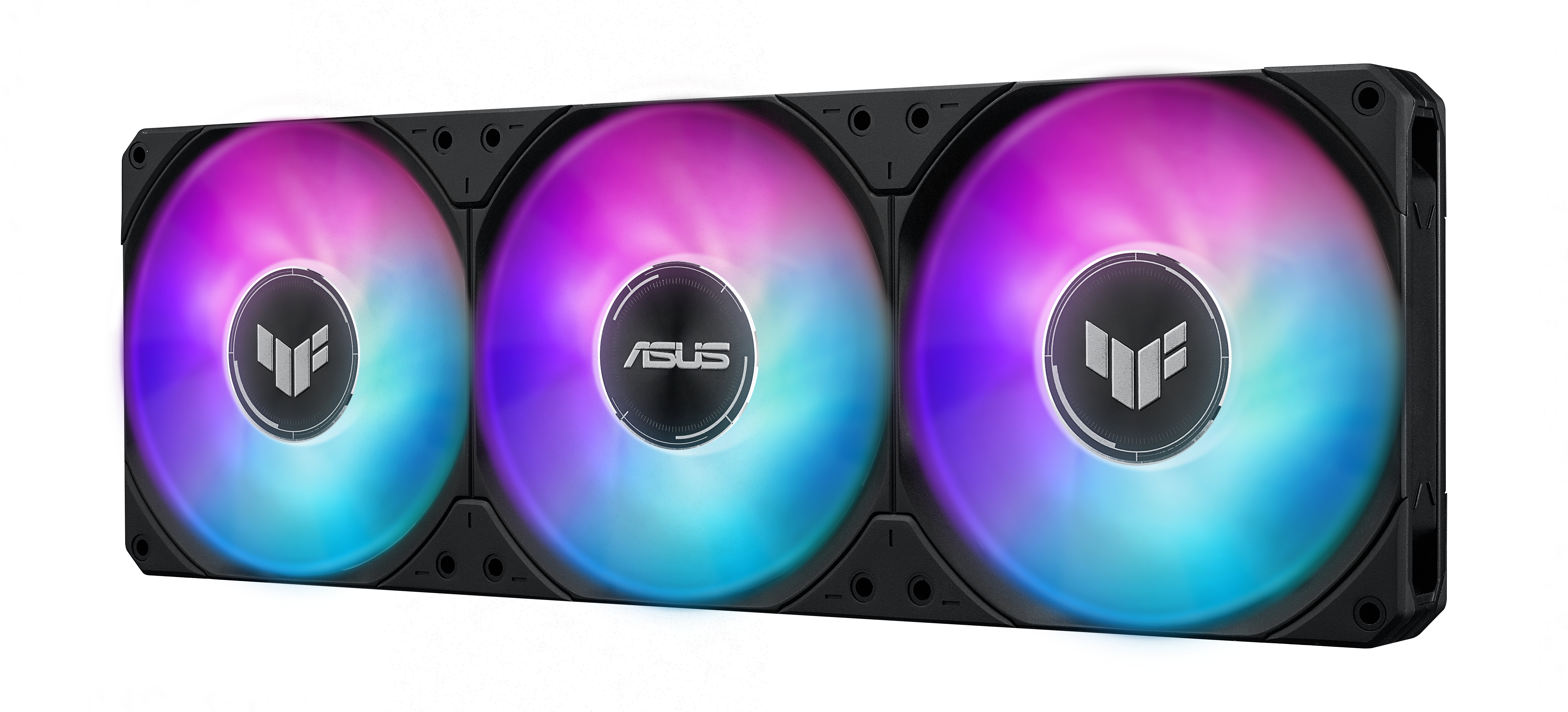 Trzy wentylatory PC z fioletowo-niebiesko-zielonym podświetleniem RGB, z logo Asus.
