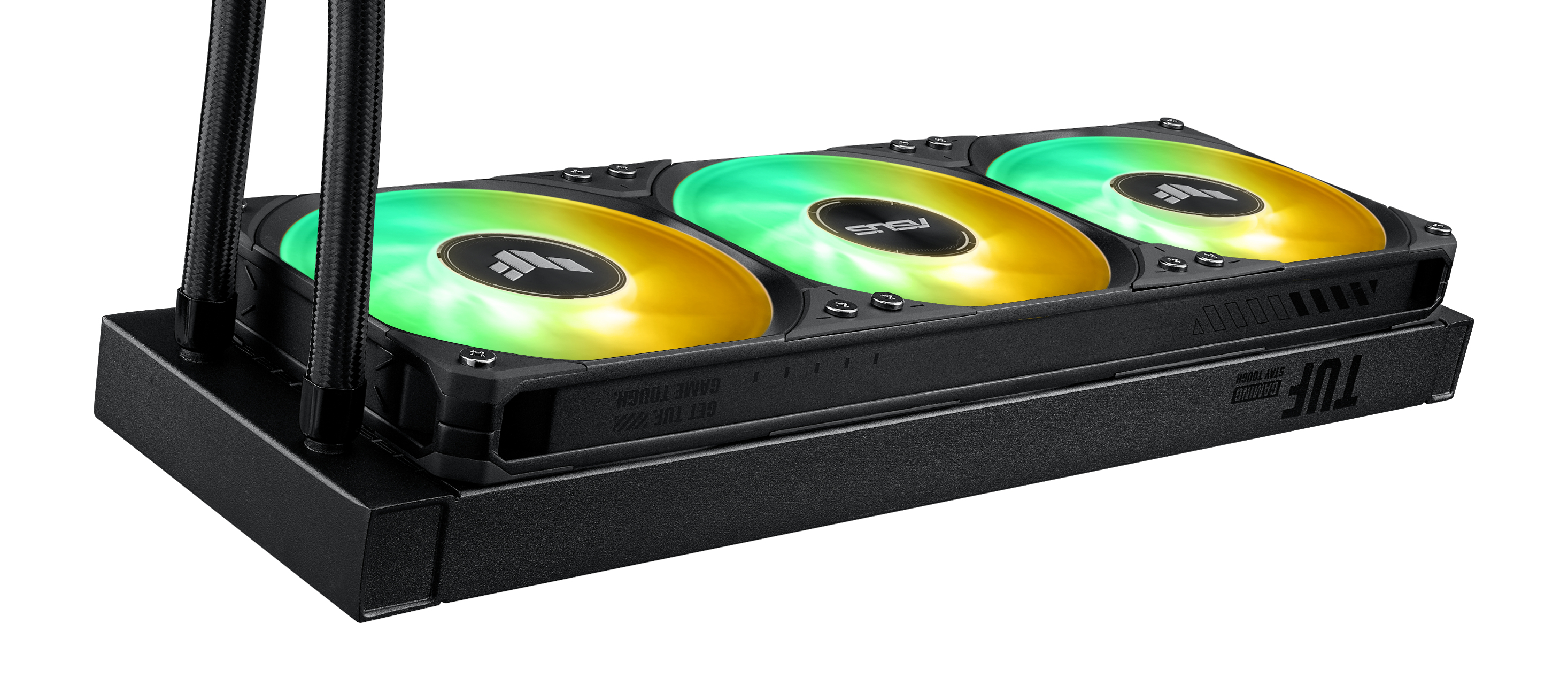 Czarna chłodnica procesora z trzema wentylatorami świecącymi na zielono i żółto.