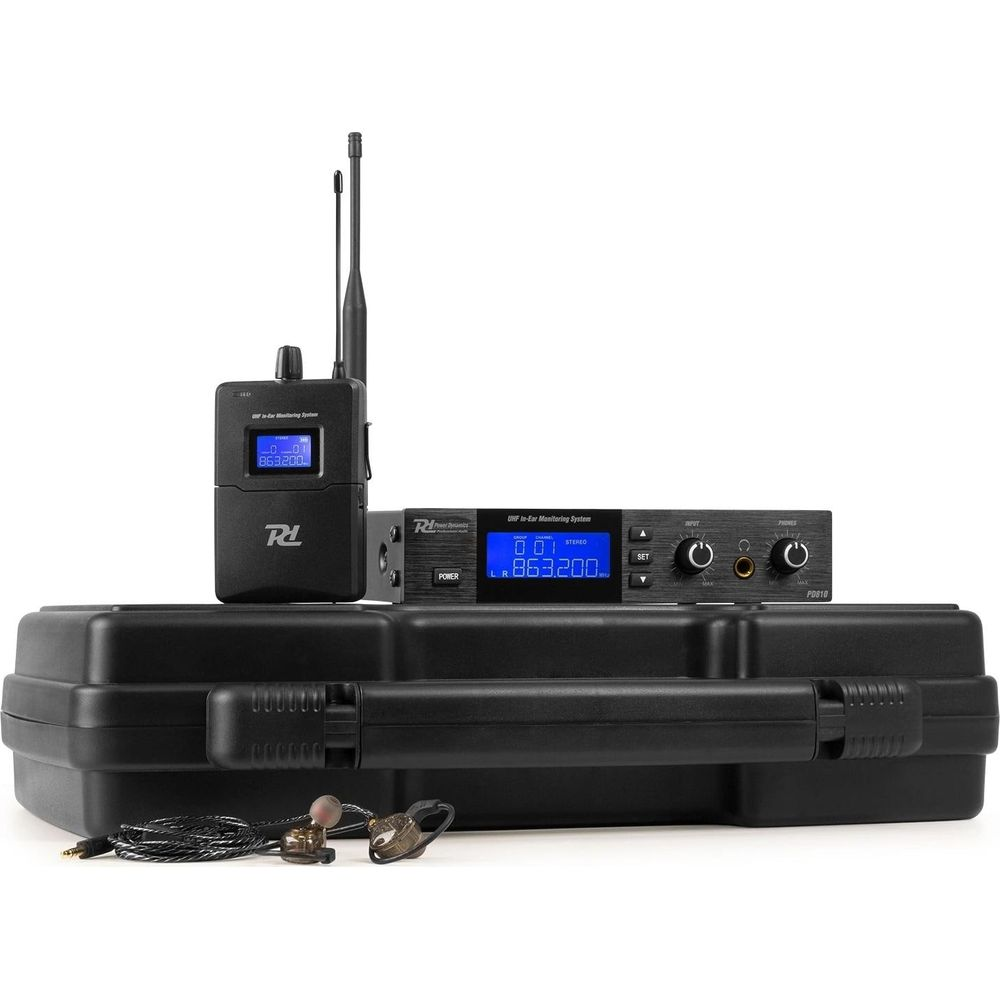 Sistema de monitorización inalámbrica in-ear con transmisor, receptor, auriculares y maletín.