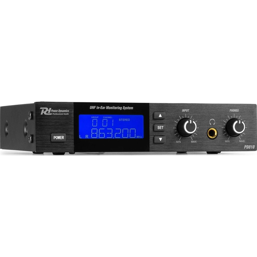 Sistema de monitorización In-Ear UHF Power Dynamics PD810 negro con pantalla y perillas azules.