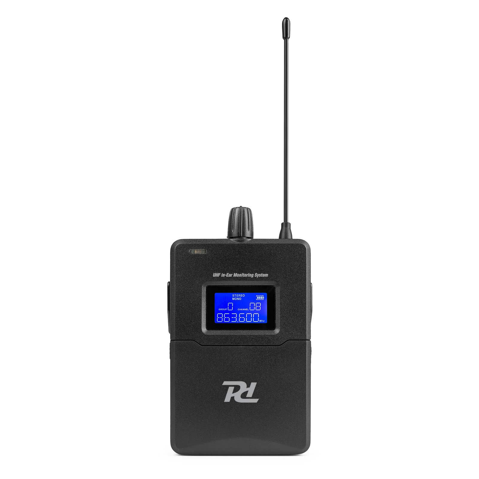 Sistema de monitorización In-Ear UHF negro con antena y pantalla LCD.