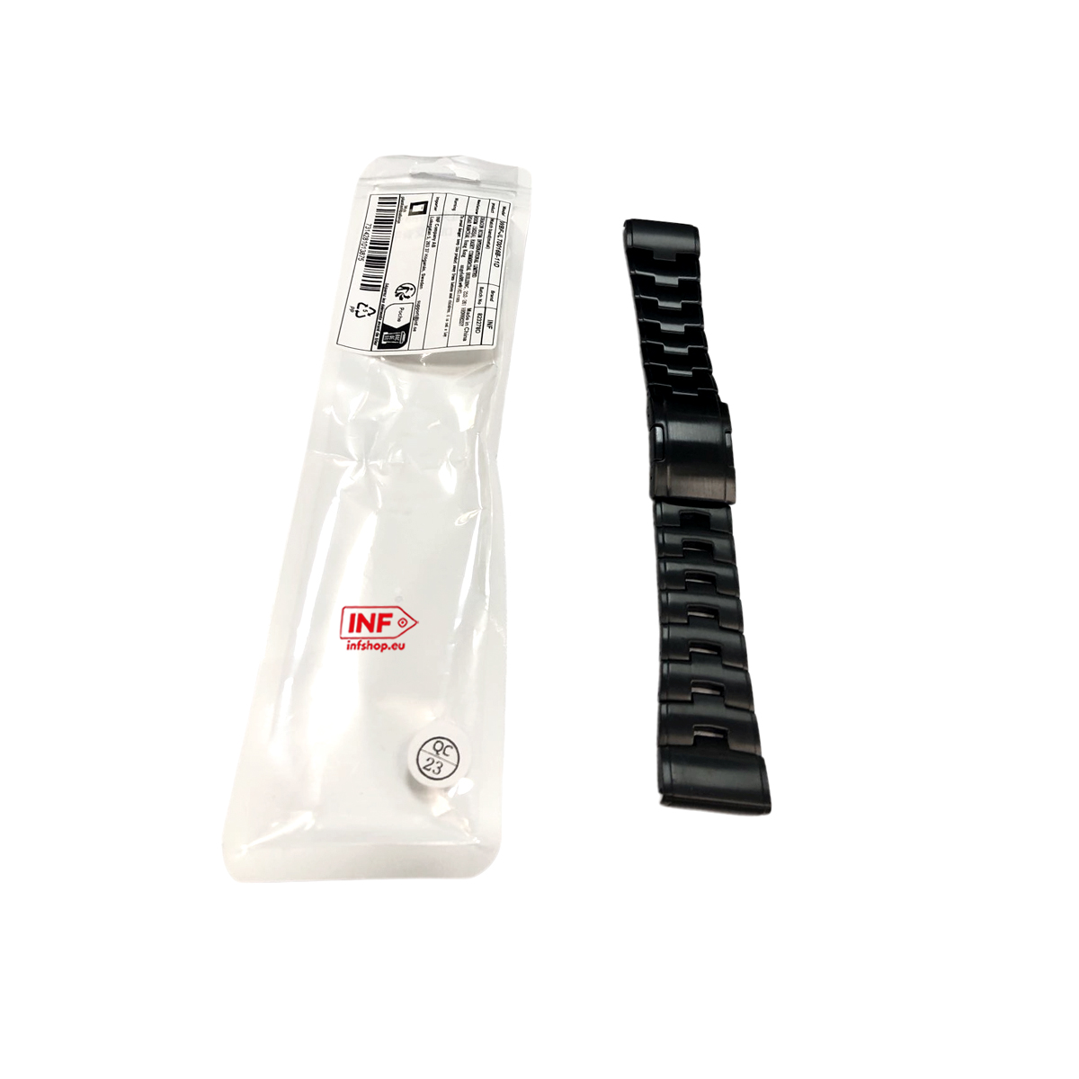 Schwarzes Metalluhrenarmband neben verpacktem Ersatzteil mit Aufkleber.