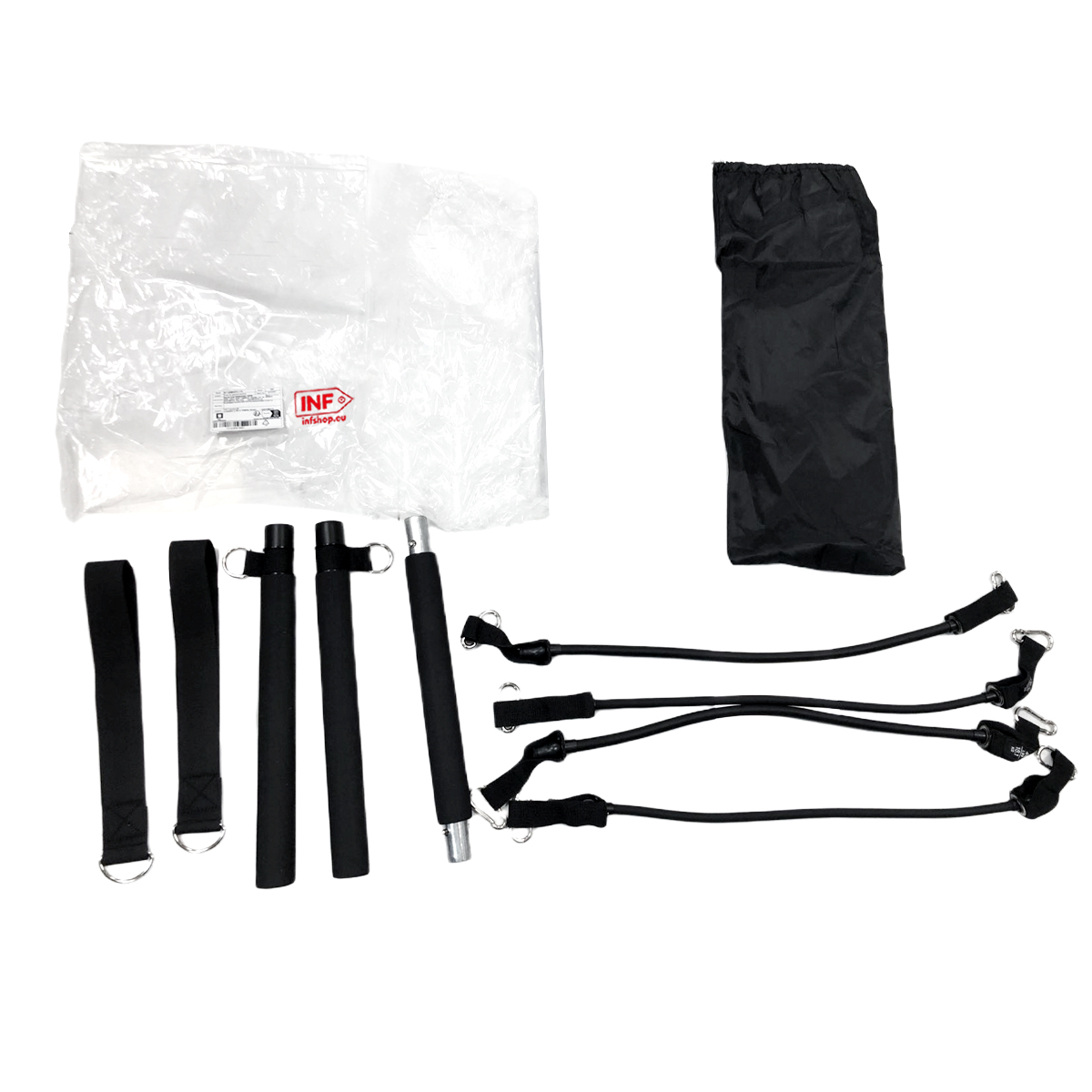 Taśmy fitness z uchwytami, pętlami, przedłużką i torbą do przechowywania.