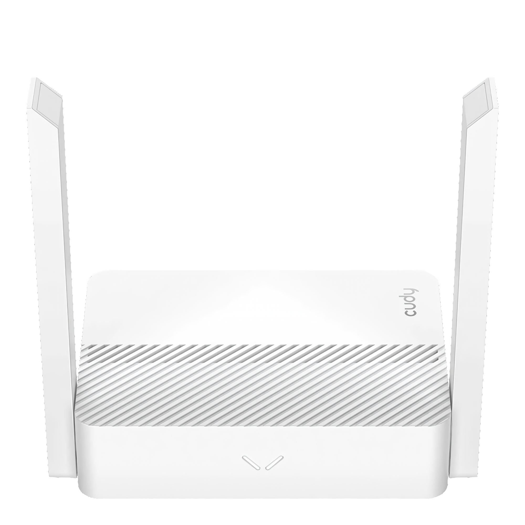 Un router Wi-Fi bianco con due antenne, marchio Cudy.