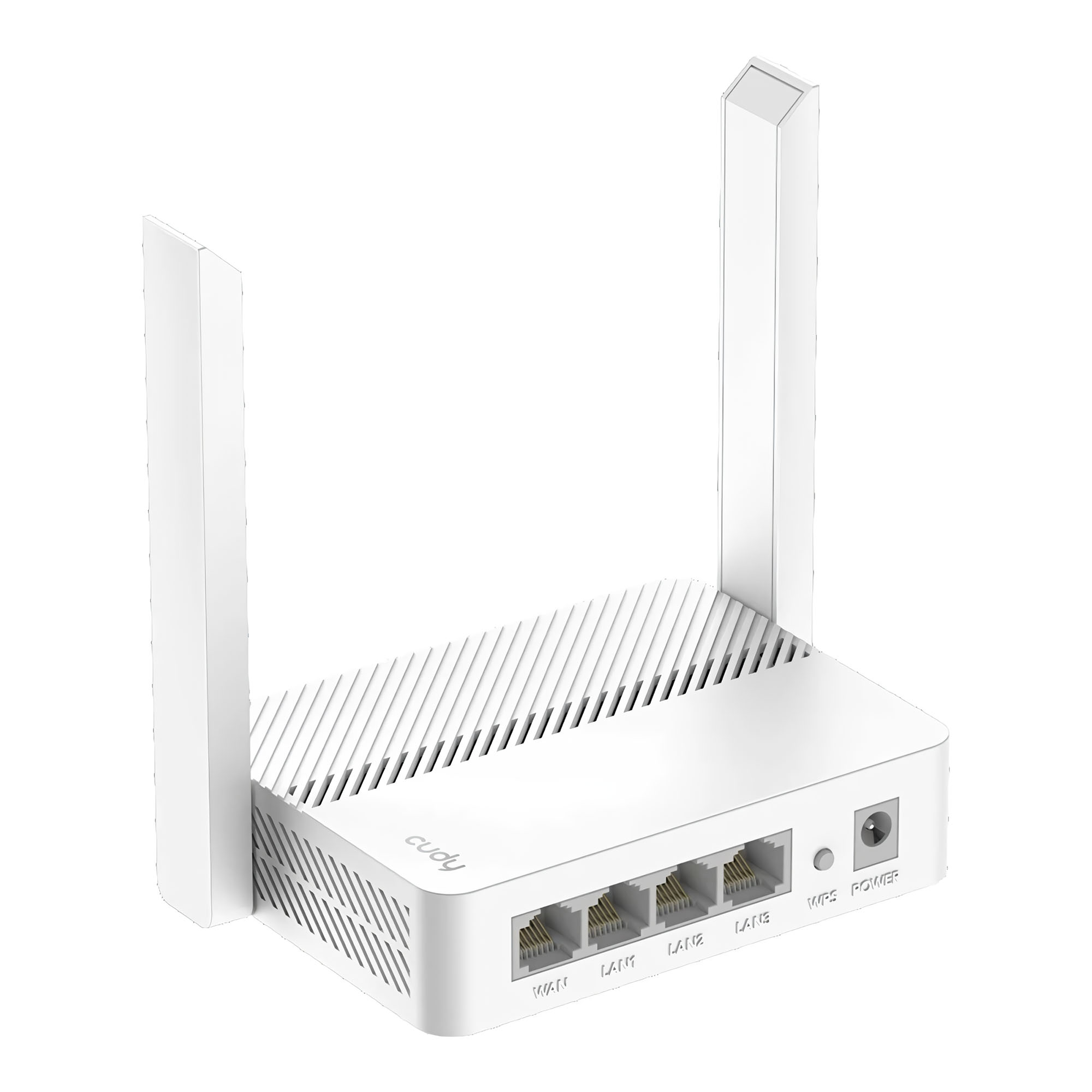 Un router Wi-Fi bianco con due antenne, quattro porte LAN e un connettore di alimentazione.