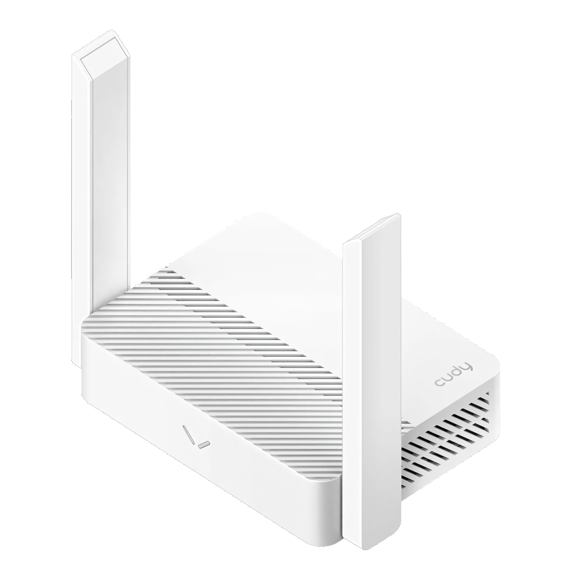 Un router Wi-Fi bianco con due antenne e fessure di ventilazione.
