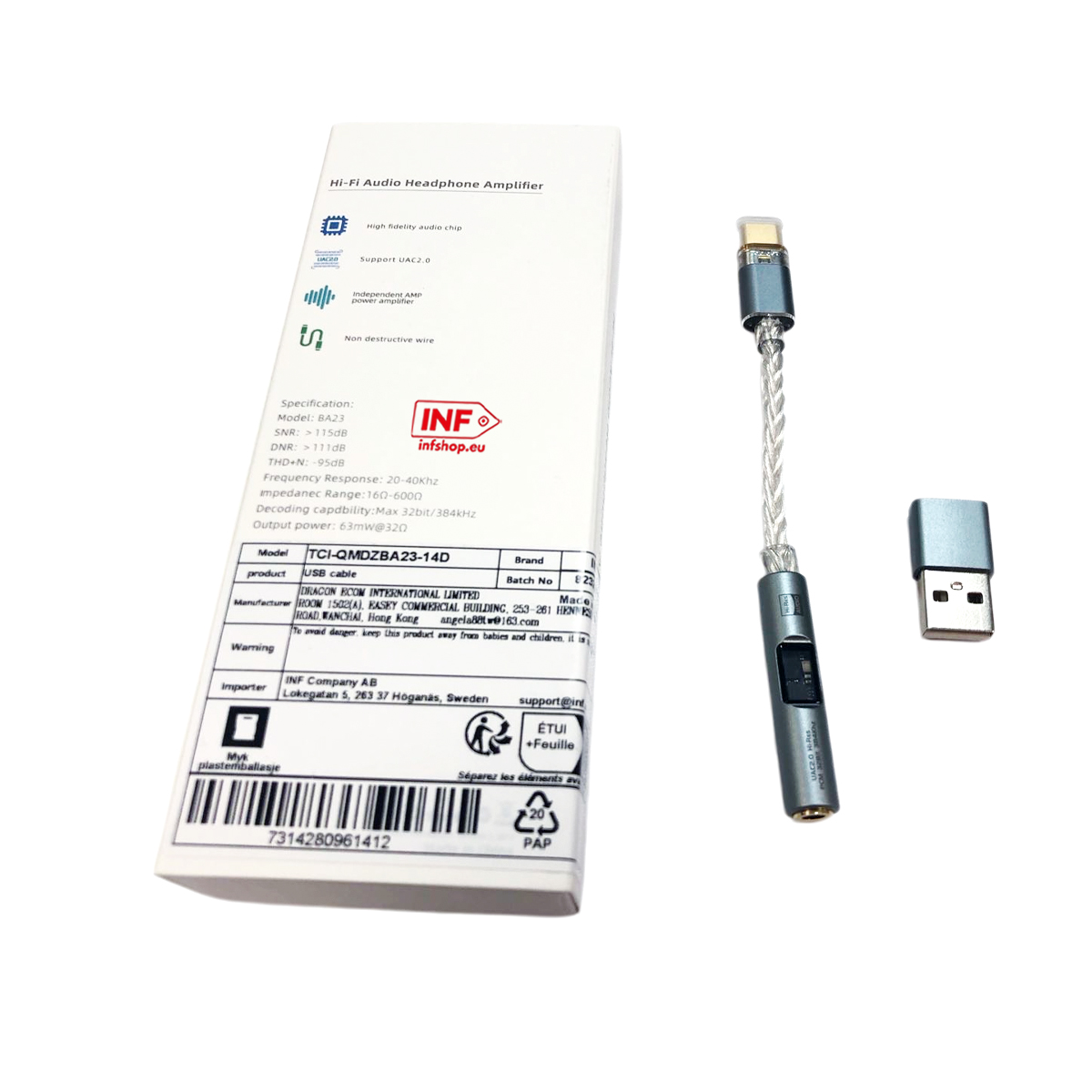 Wzmacniacz słuchawkowy audio Hi-Fi ze złączem USB-C i adapterem USB-A.