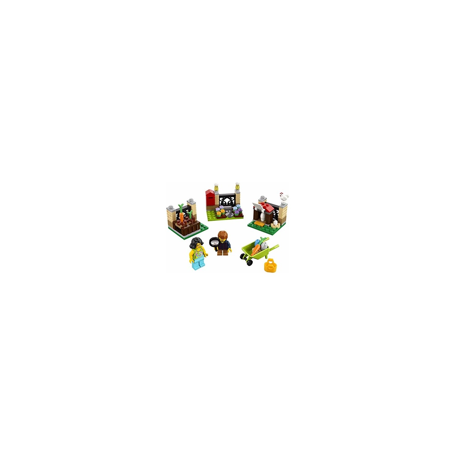 Figürler, tavuklar, havuçlar ve el arabası içeren Lego çiftlik seti.