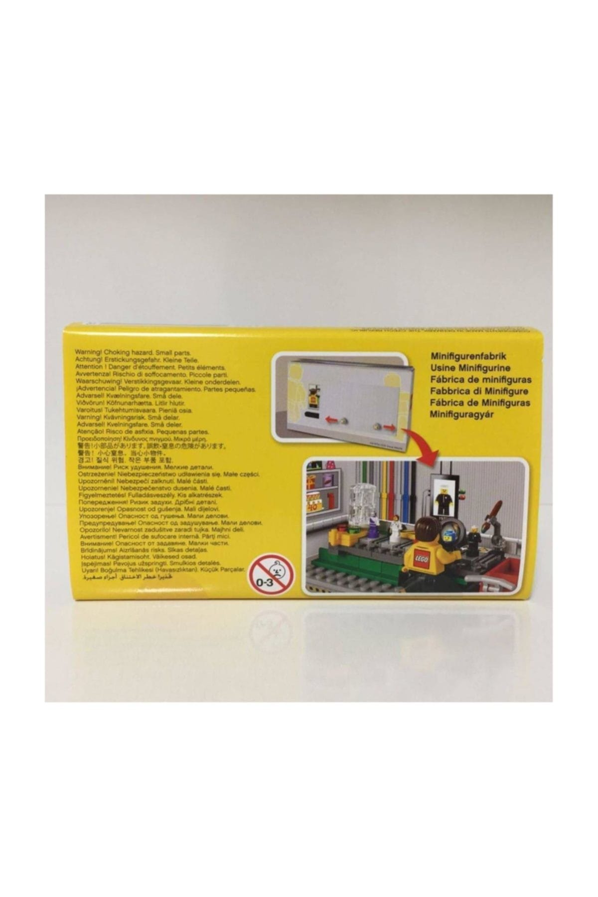 Confezione Lego con avvertenze e immagini di una fabbrica di minifigure.