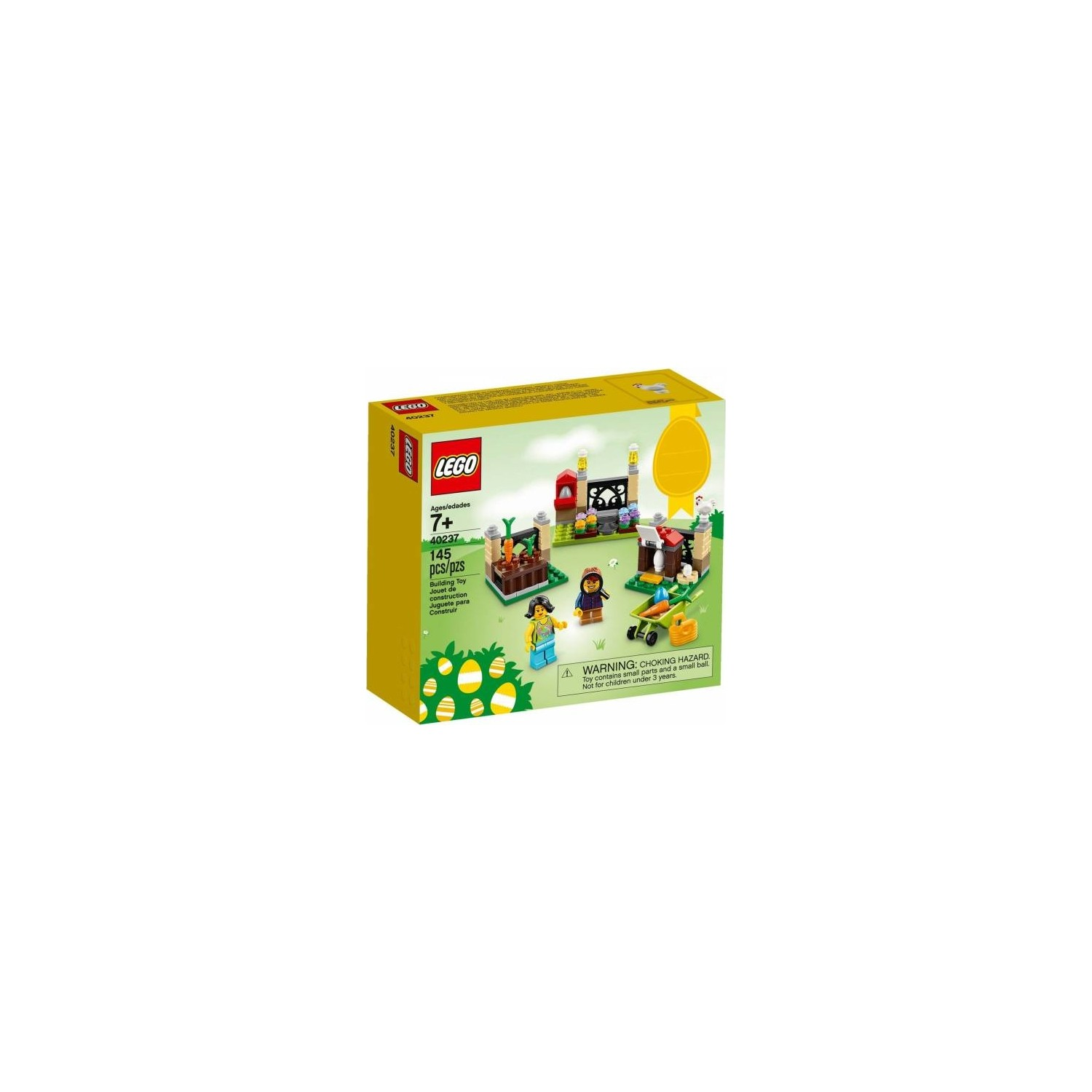 Yeşil tabanlı LEGO seti figürler, havuçlar ve el arabası içerir.