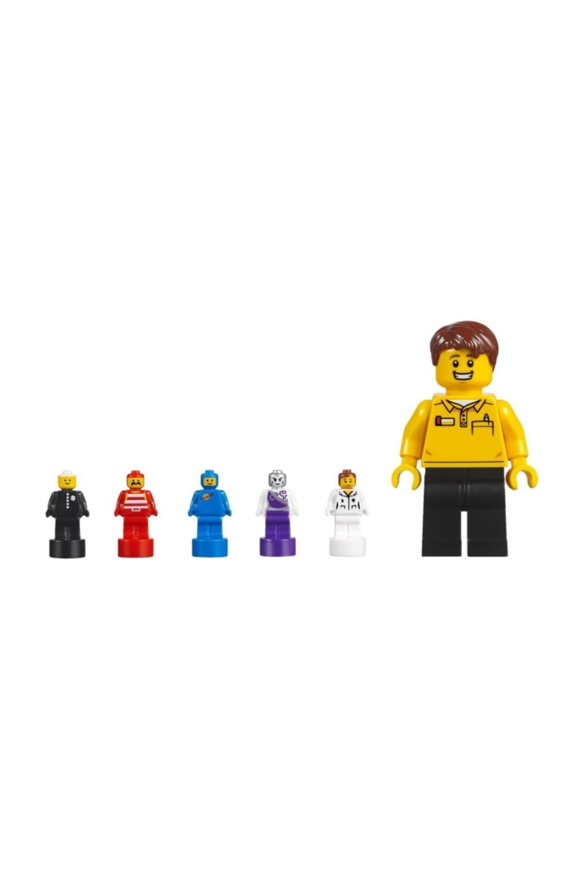Sei minifigure Lego: cinque piccole colorate e una grande gialla con capelli castani.