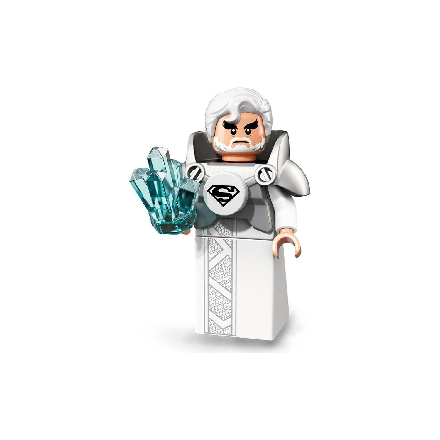 Beyaz saçlı, sakallı Lego figürü, elinde mavi kristaller, beyaz cüppe giymiş.