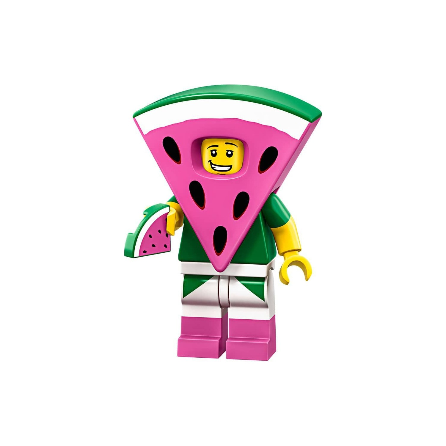 Karpuz kostümlü Lego figürü elinde karpuz dilimi tutuyor.