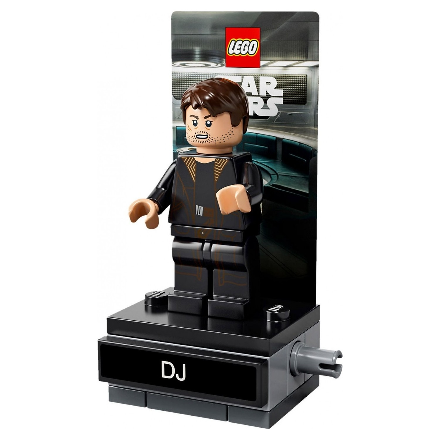 LEGO Star Wars DJ minifigürü, isimlikli ve arka planlı siyah stantta.