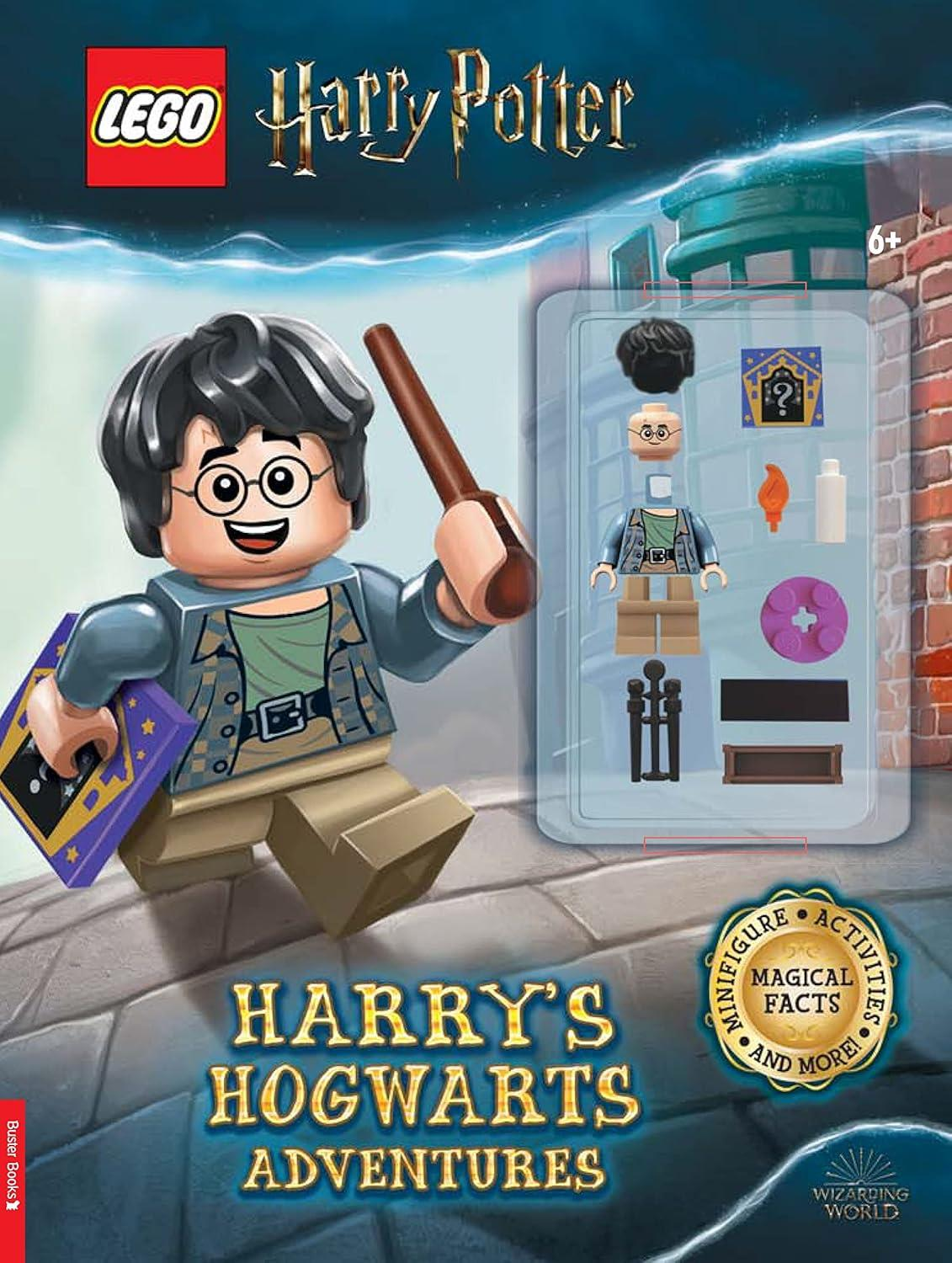 Lego Harry Potter kitap kapağı: Harry asa ve kitap tutuyor. Minifigür parçaları gösteriliyor.