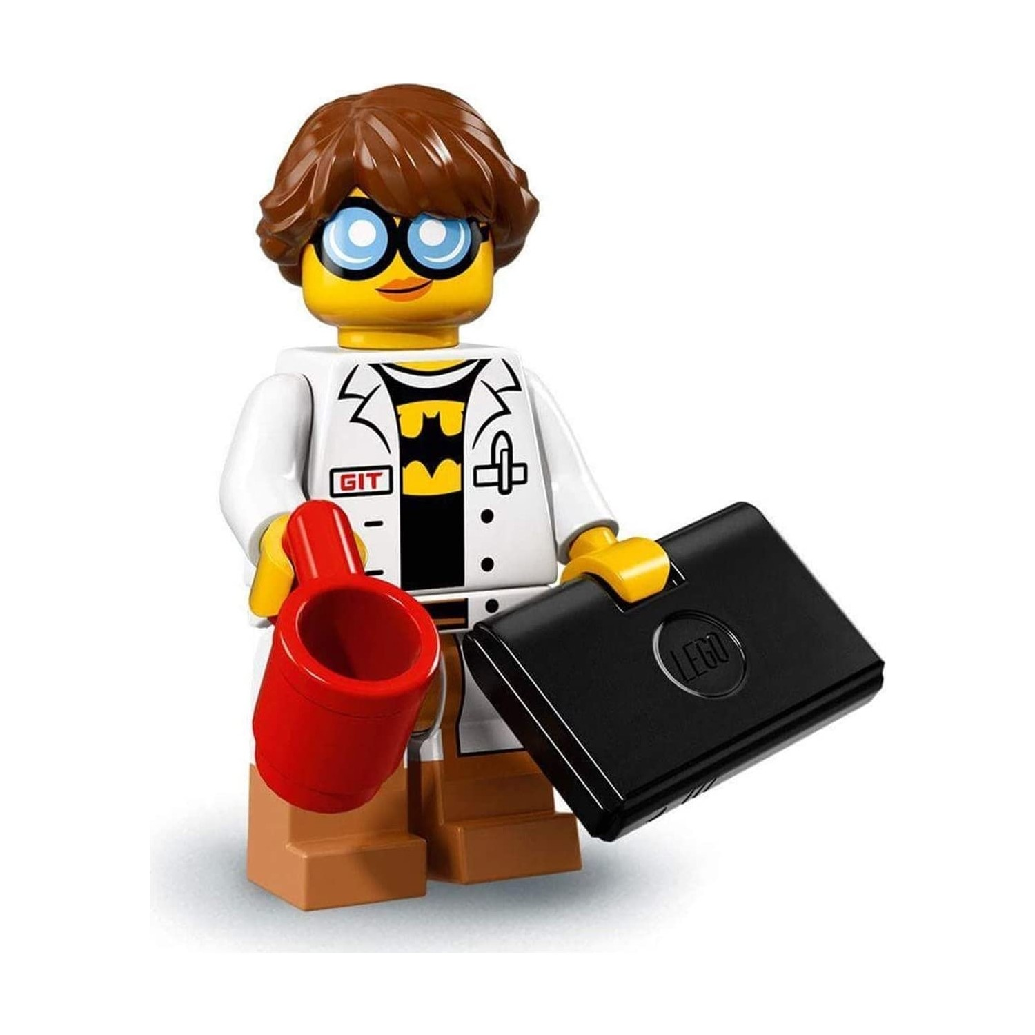 Laboratuvar önlüklü Lego bilim insanı figürü kırmızı kupa ve siyah çanta tutuyor.