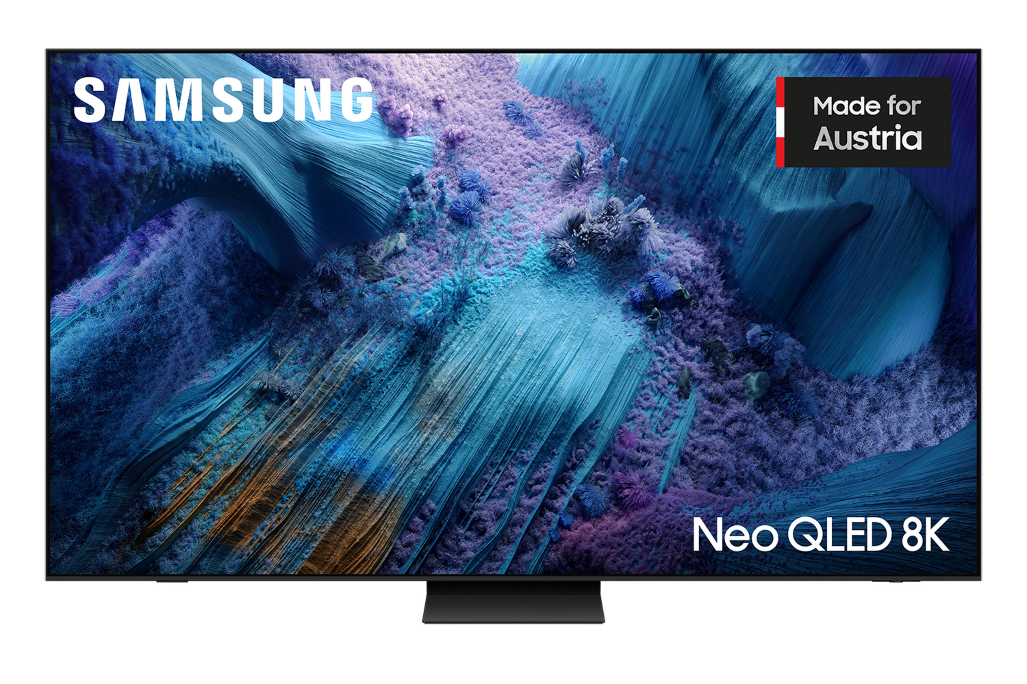 Samsung Neo QLED 8K TV met abstracte blauwe en paarse beelden.