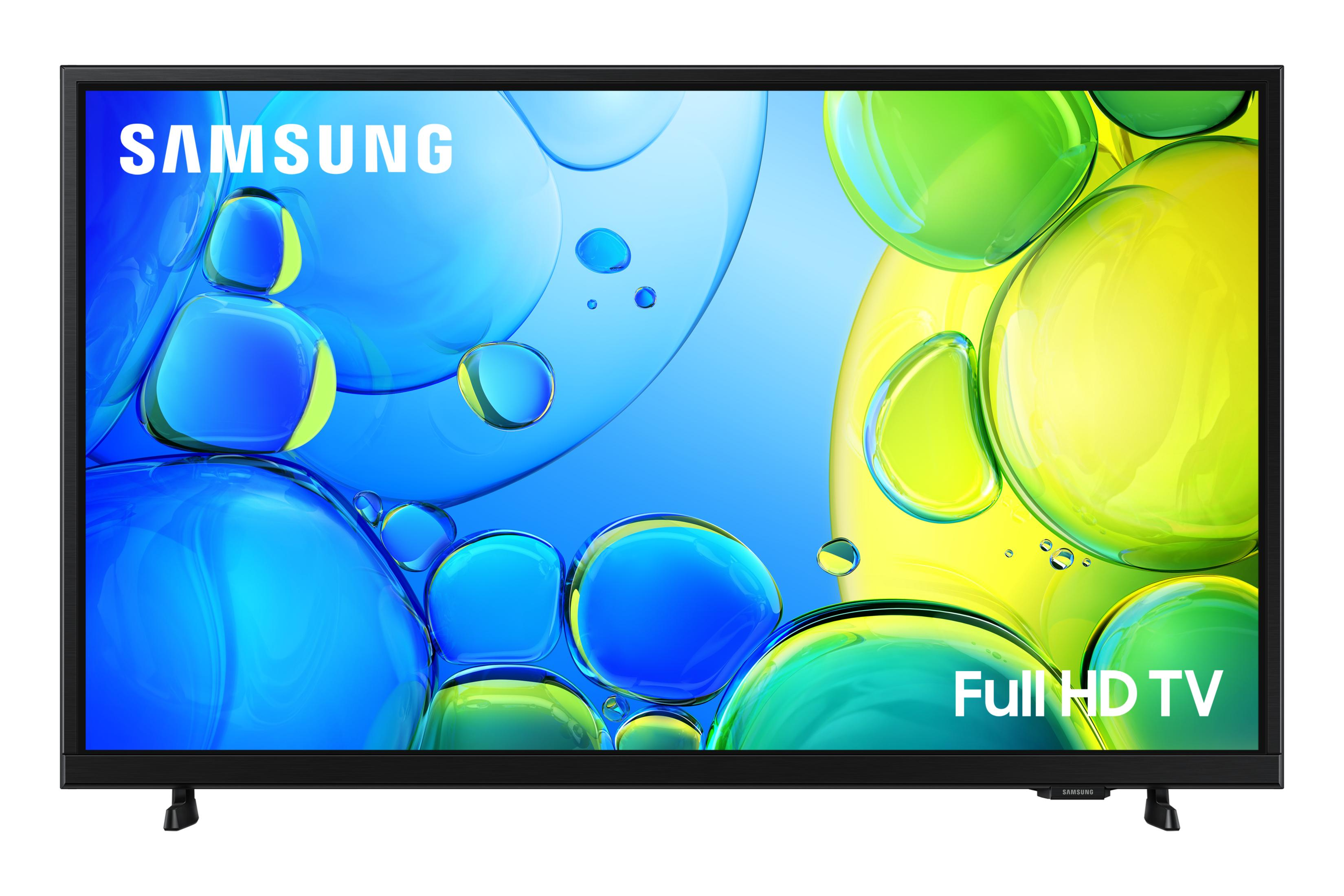 Telewizor Samsung Full HD z niebiesko-żółtym motywem bąbelków.