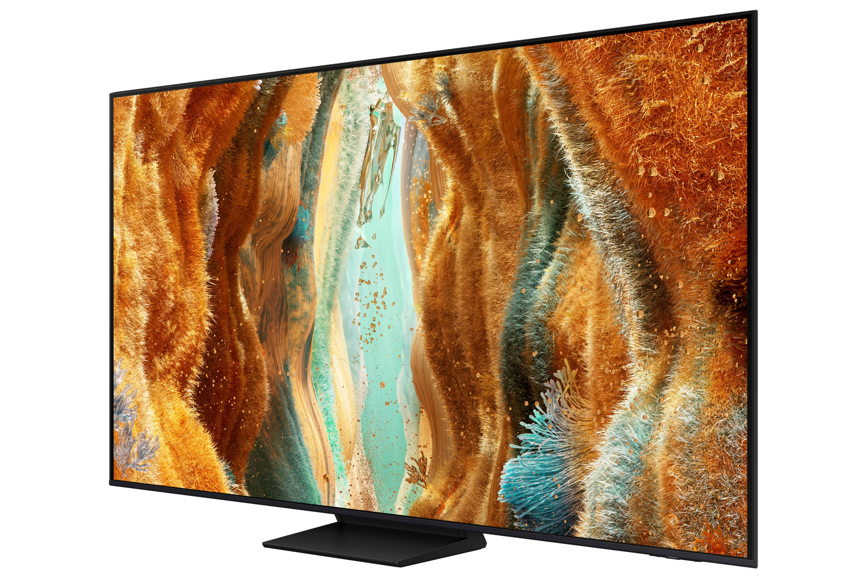 Een moderne televisie met een kleurrijk, abstract beeld met getextureerde elementen.