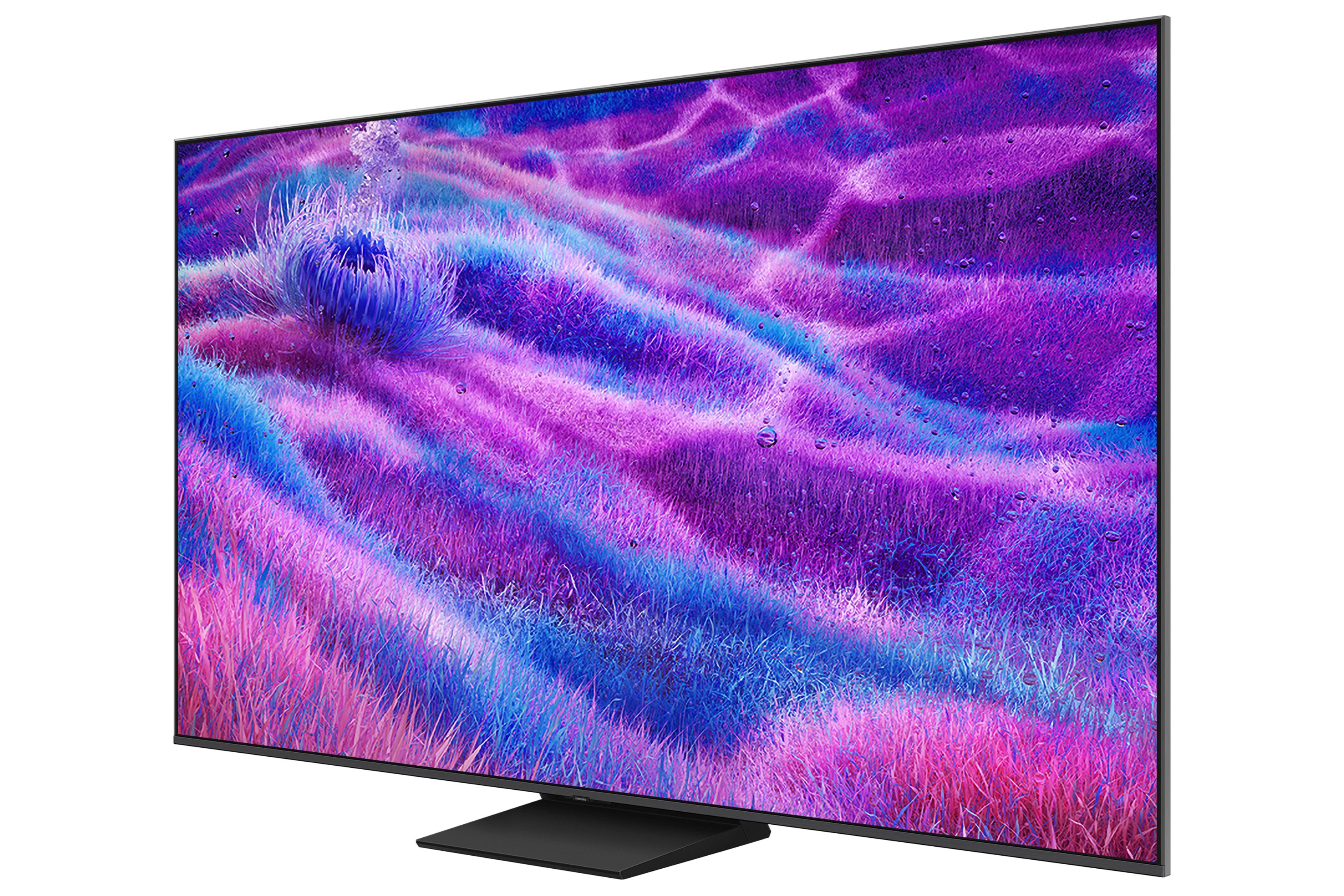 Een moderne flatscreen-tv met een levendige paarse en blauwe screensaver.