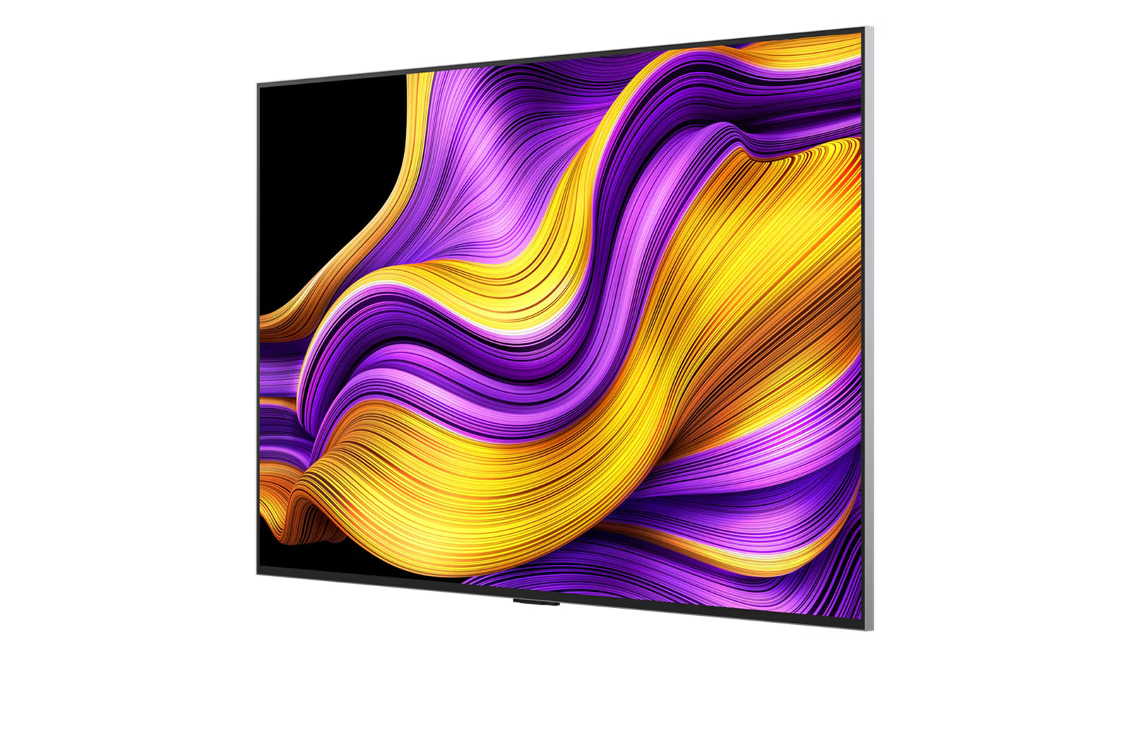 A modern television displays an abstract pattern of flowing purple and yellow lines.