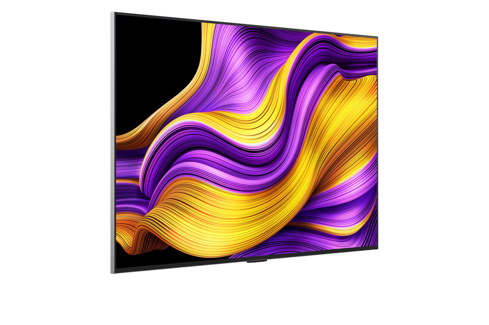 A television displaying abstract purple and yellow wavy graphic.