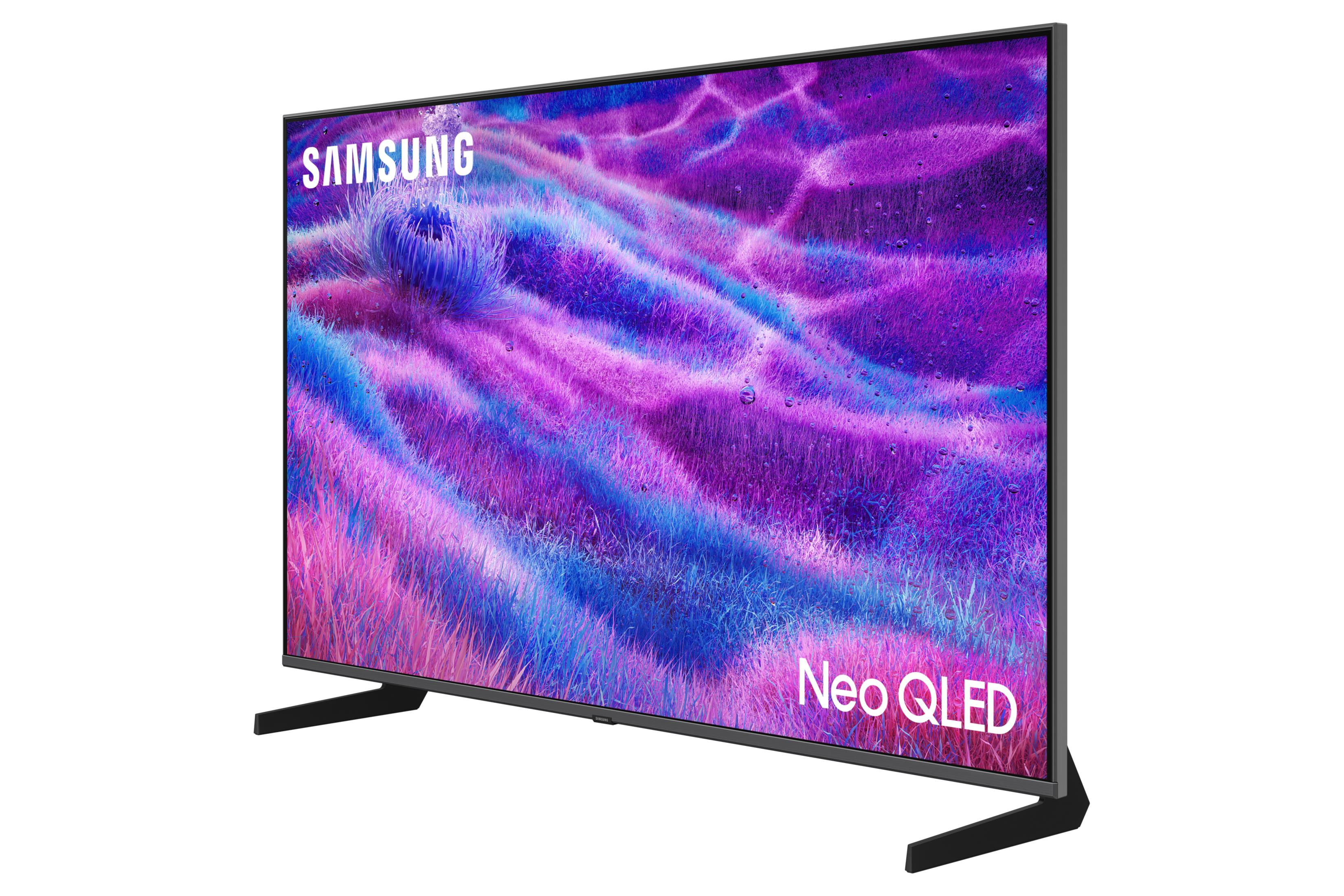 Een Samsung Neo QLED TV met een kleurrijke afbeelding van gras.