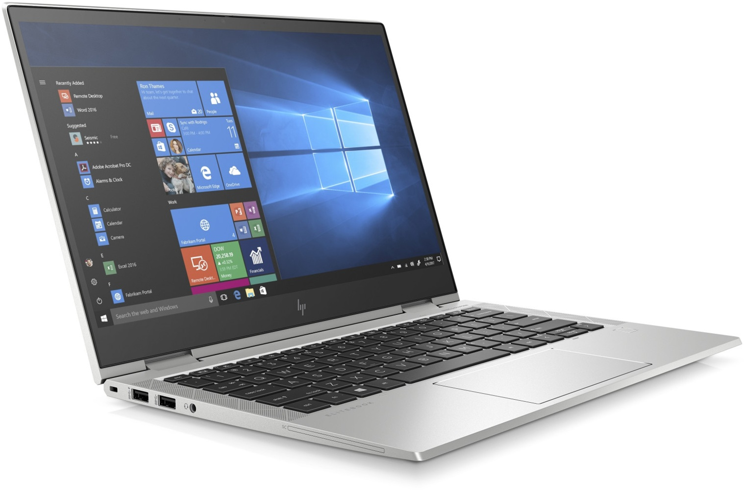 Ein silberner Laptop mit geöffnetem Bildschirm, auf dem Windows 10 läuft.