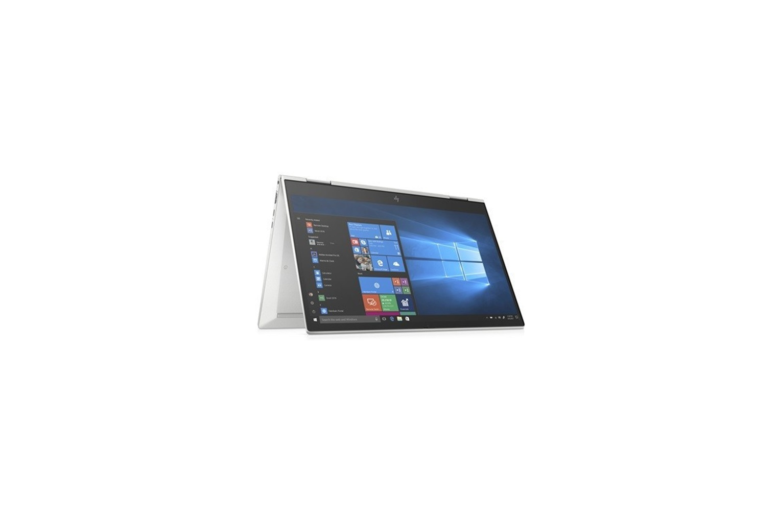 Ein silberner Laptop mit geöffnetem Bildschirm, der das Windows-Startmenü anzeigt.