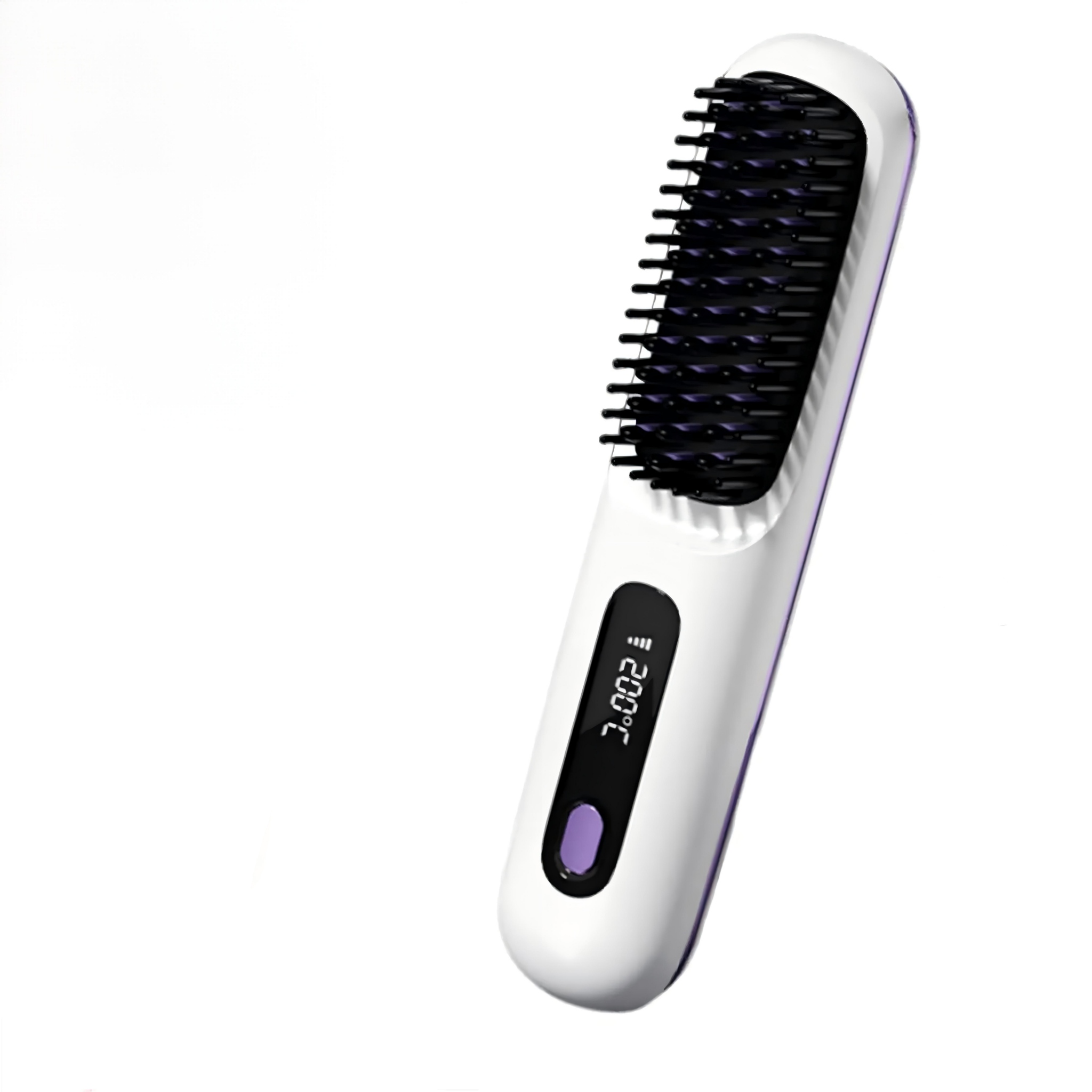 Ein weißer Haarglättungskamm mit lila Akzenten und einem Display, das 200°C anzeigt.