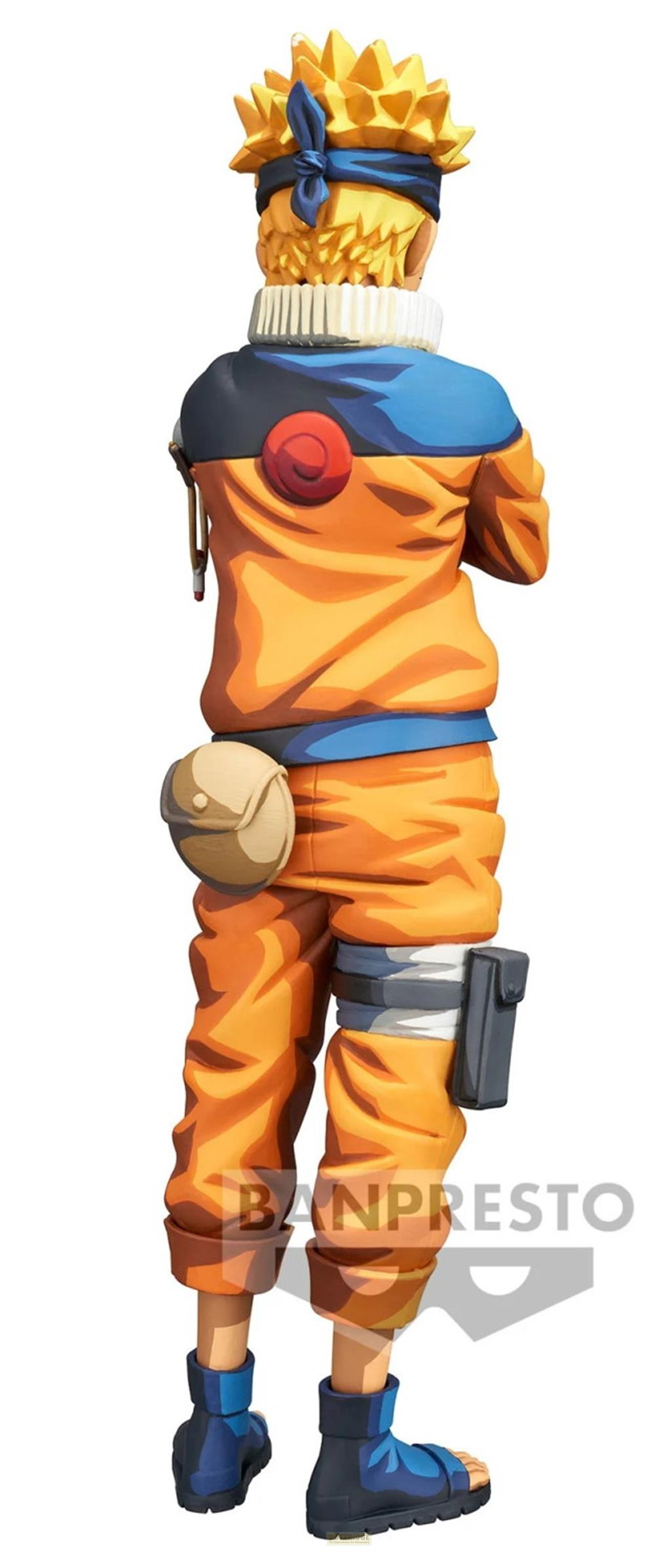 Naruto-Figur von hinten, gelbe Haare mit blauer Bandana, orangefarbene Jacke.