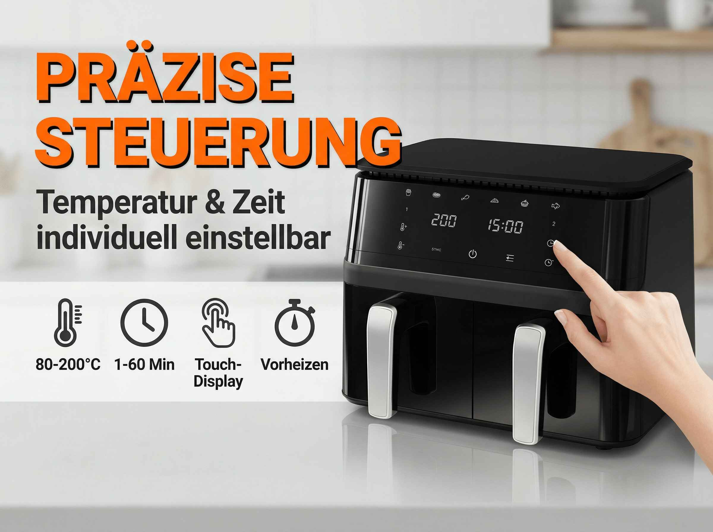 Ein schwarzer Doppel-Heißluftfritteuse mit Touchscreen und Symbolen für Temperatur und Zeit.