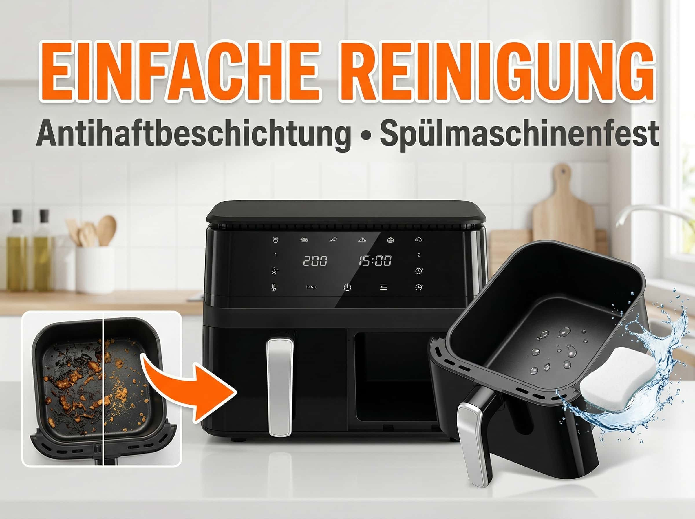 Ein schwarzer Doppel-Heißluftfritteuse mit digitalem Display, daneben ein Einsatz mit Schmutz und ein sauberer Einsatz mit Wasser.