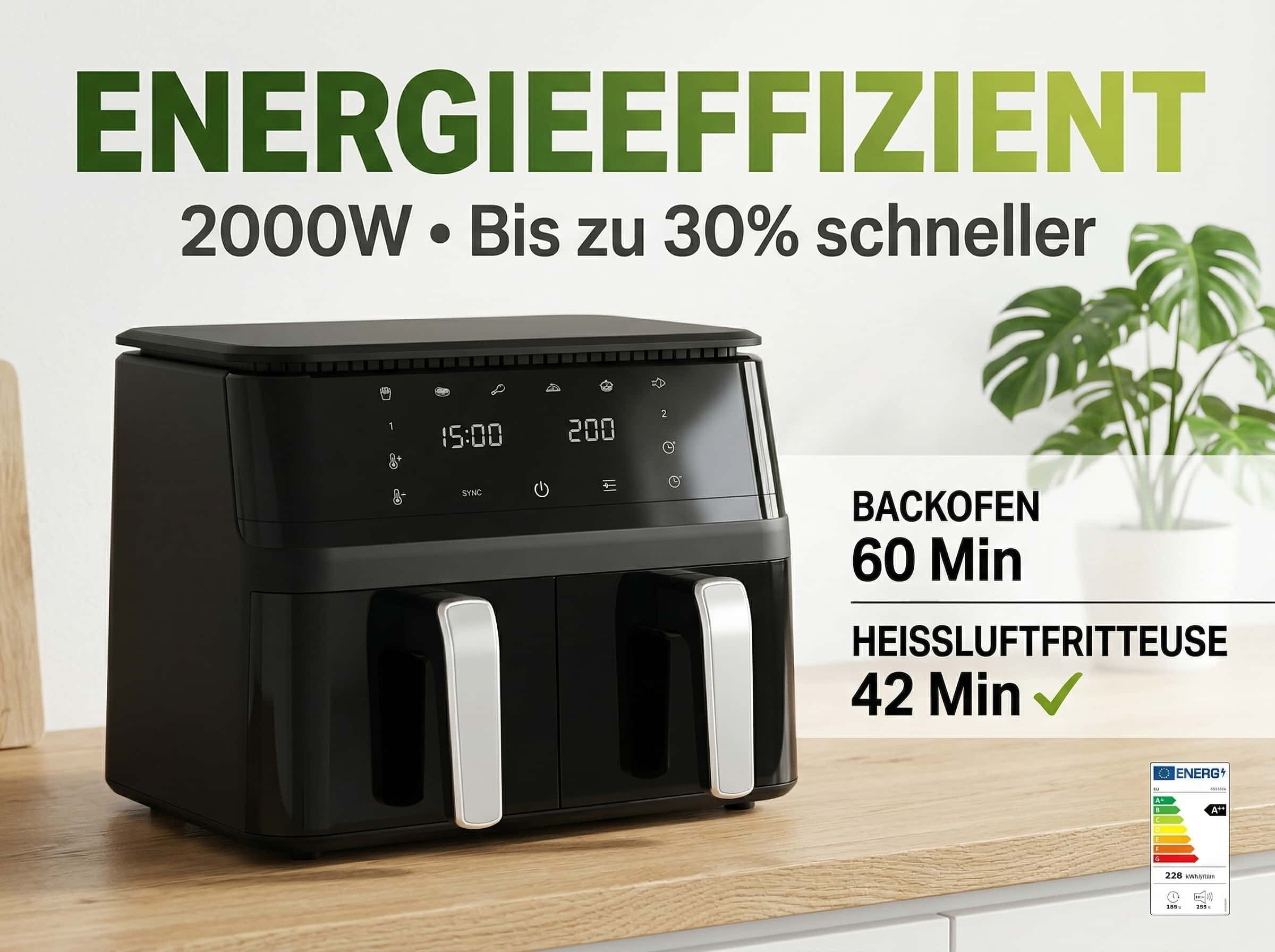 Schwarzer Heißluftfritteusen-Doppelschublade mit digitaler Anzeige und Energiesparlabel.