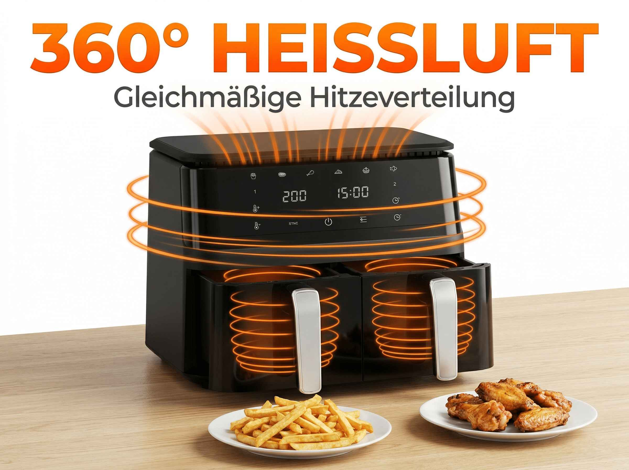 Schwarzer Heißluftfritteuse mit zwei Fächern, mit Pommes und Hähnchenflügeln.